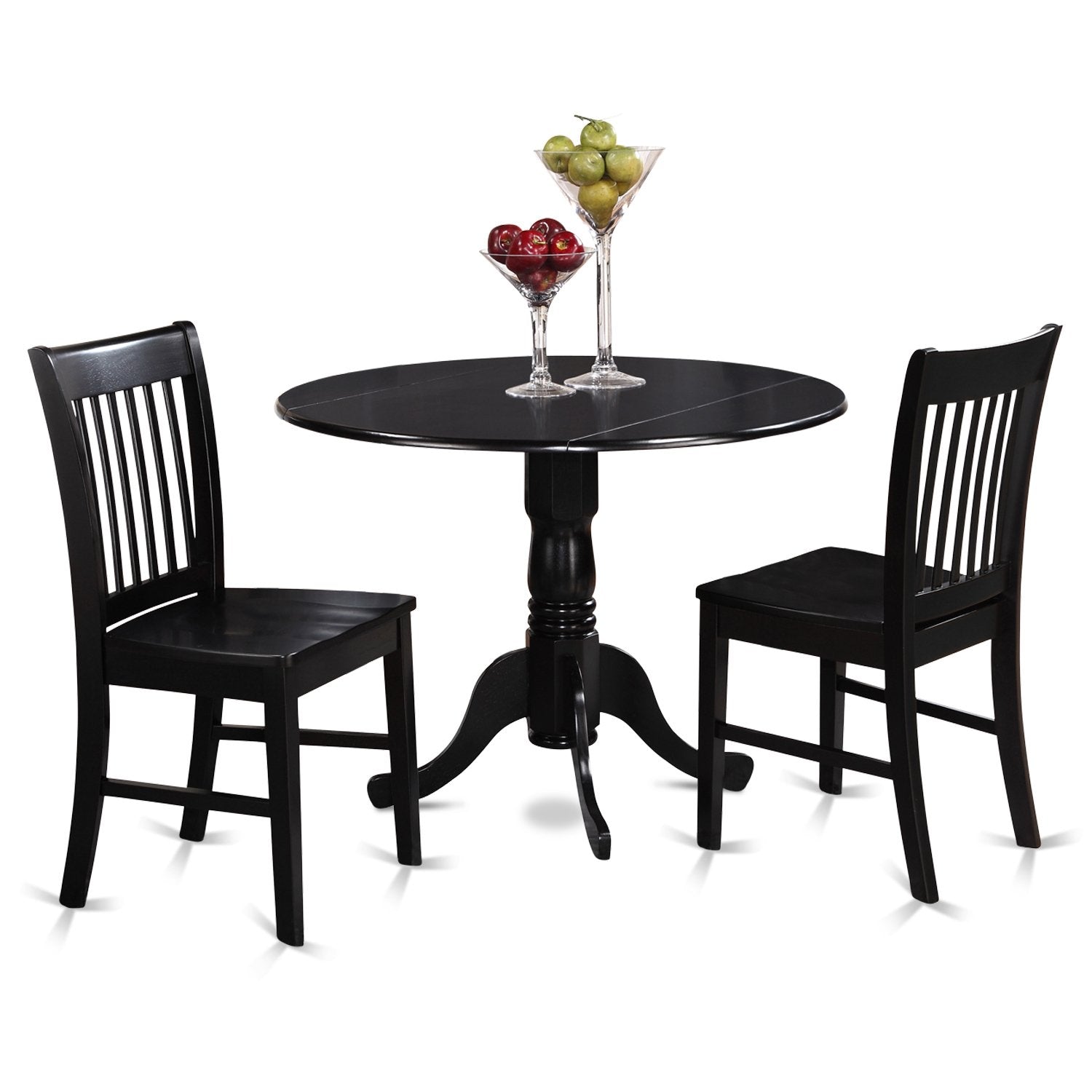 East West Furniture Dublin 3 Piece Kitchen Set for Small Spaces Contains a Round Dining Room Table with Dropleaf and 2 Solid Wood Seat Chairs, 42x42 Inch, DLNO3-BLK-W