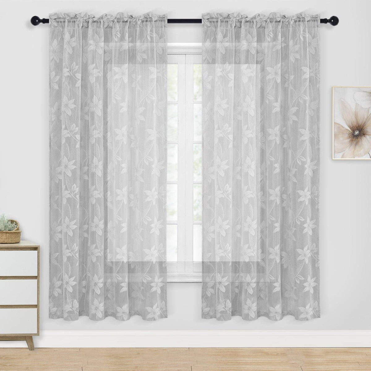 Dwcn Grey Sheer Curtains - 63 Inch Length Floral Lace Rod Pocket Window Voile Sheer Drapes For Living Room Bedroom Elegant Curta