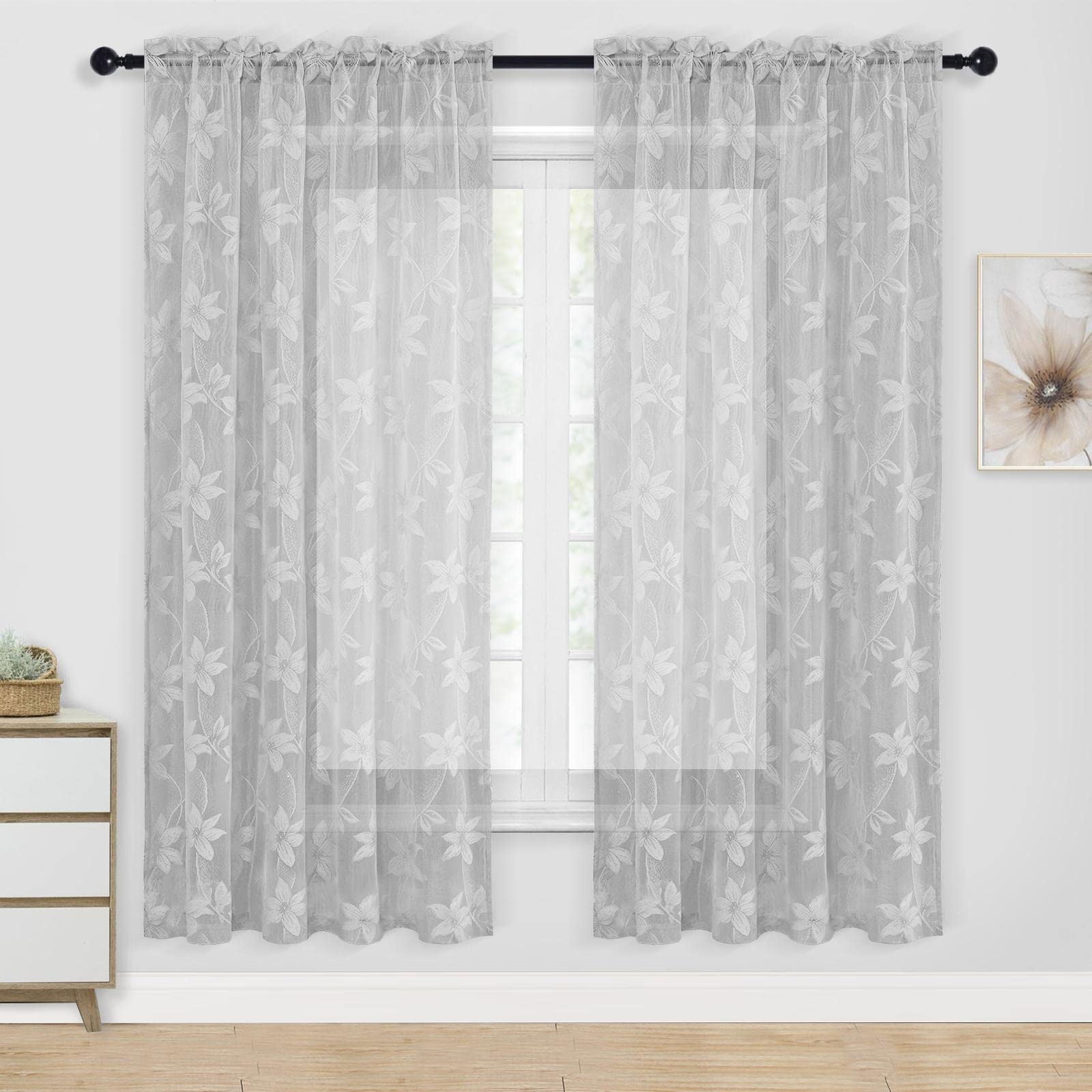 Dwcn Grey Sheer Curtains - 63 Inch Length Floral Lace Rod Pocket Window Voile Sheer Drapes For Living Room Bedroom Elegant Curta