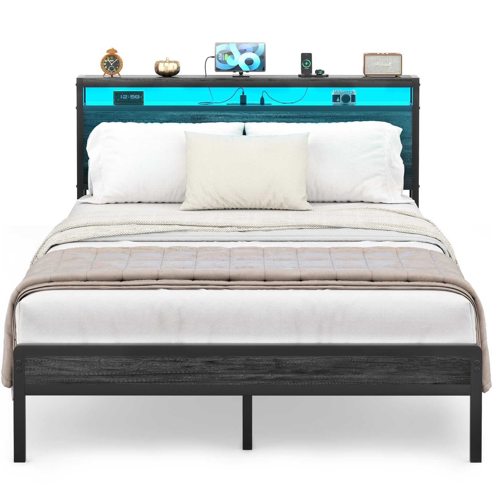 Homieasy Full Size Bed Frame with Charging Station and Led Lights, Industrial Metal Platform Bed with Storage Headboard, Steel S
