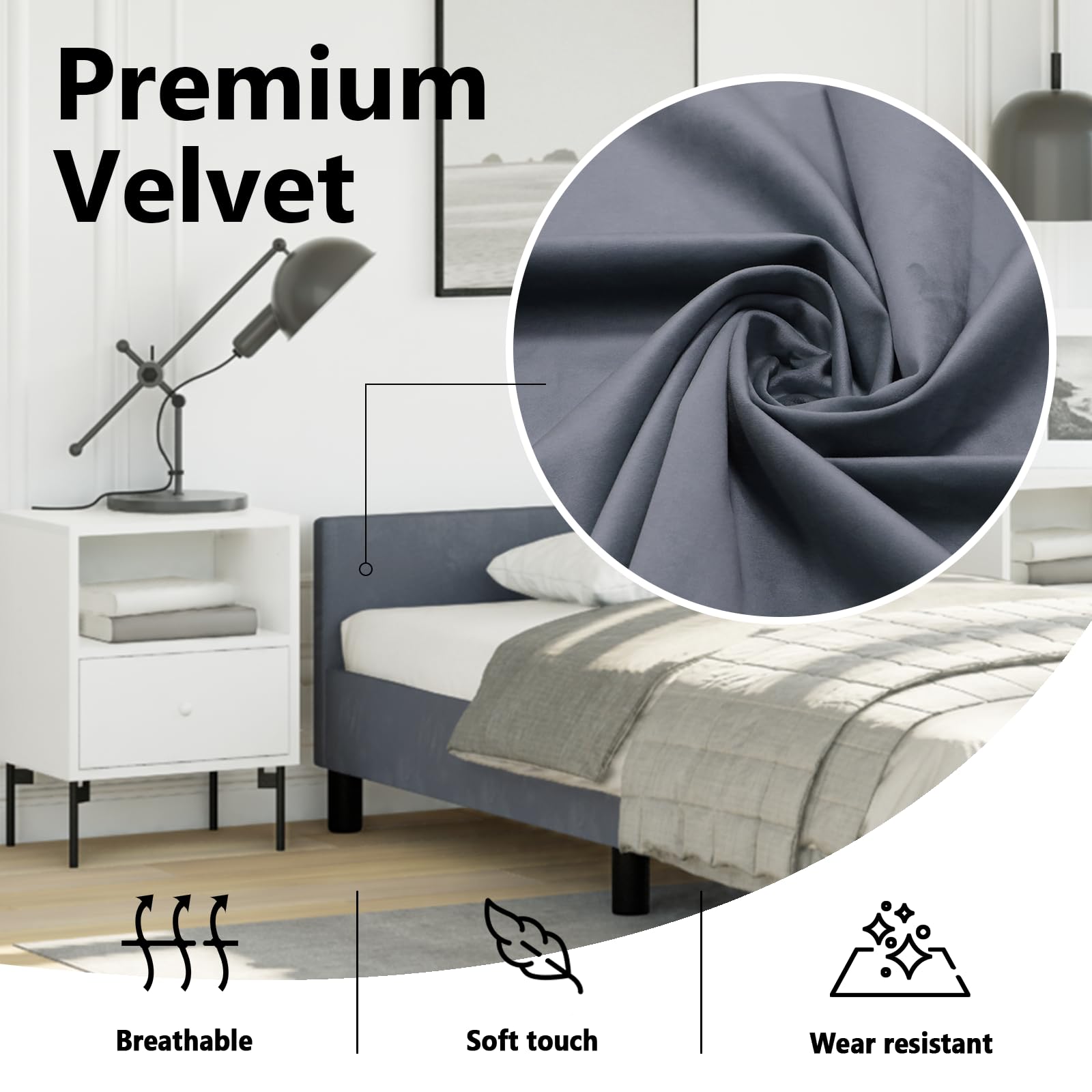 vidaXL Velvet Bed Frame Platform Bed, Scandinavian Style/Slats Support/No Box Spring Needed/Without Mattress/Easy Assembly, Dark Grey Twin Bed