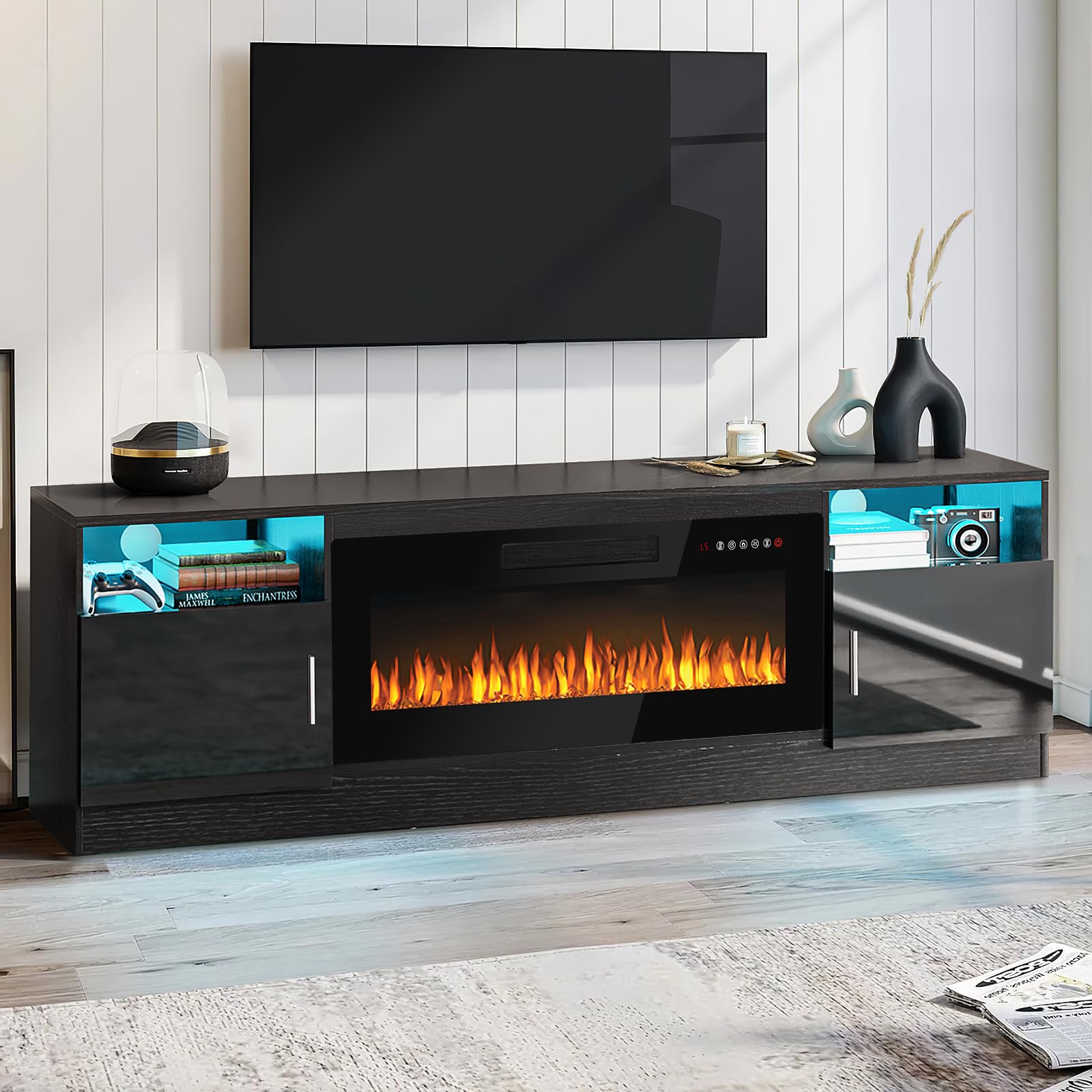 PUKAMI 70 Fireplace TV Stand with 36  Electric Fireplace for TVs Up to 80 , LED Light Entertainment Center with Highlight Storag
