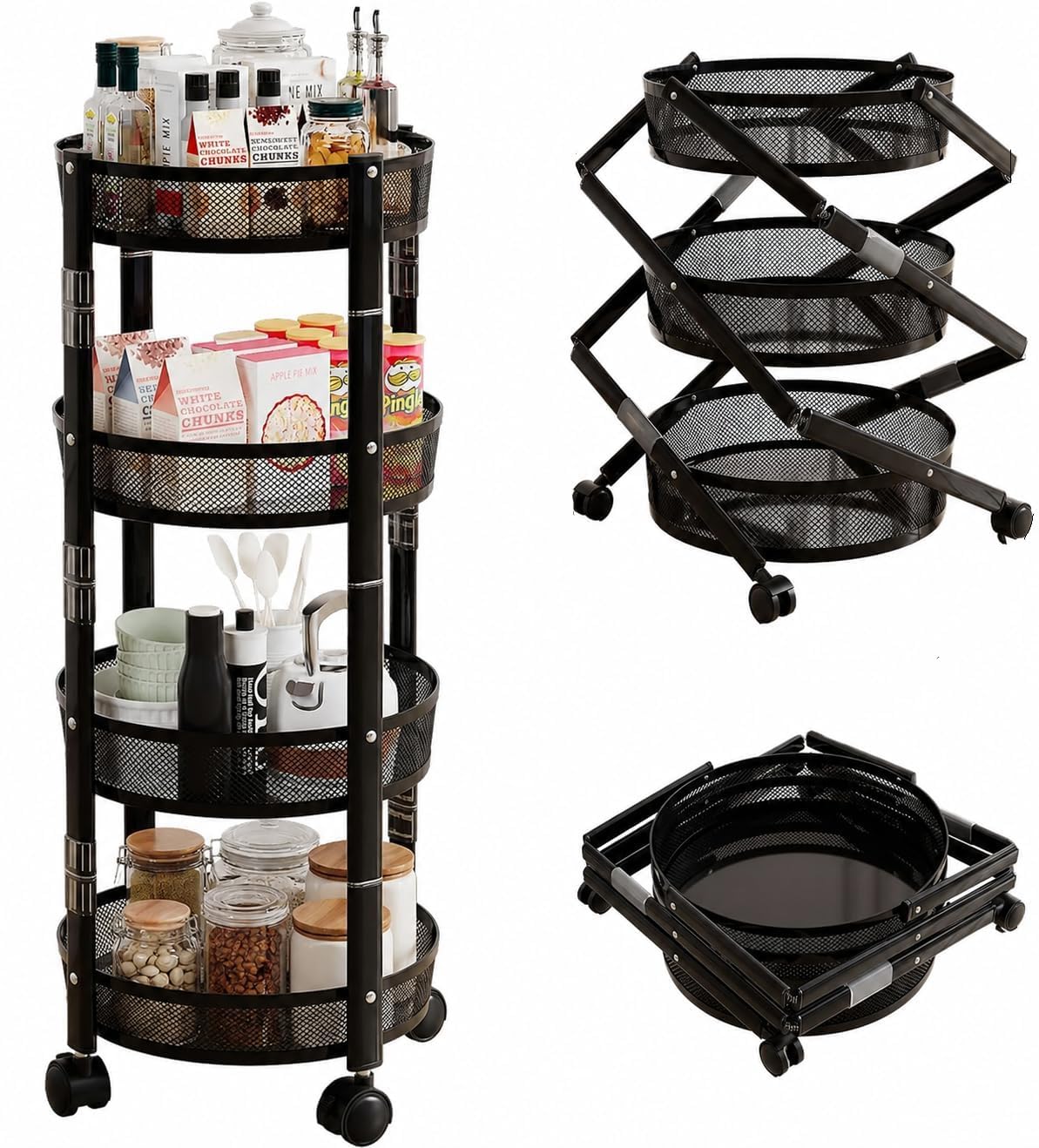 Kesi Ornaments 4 Layer Rolling Cart With Wheels, Foldable Storage Trolley For Kitchen,Portable Mesh Metal Utility Cart Organizer