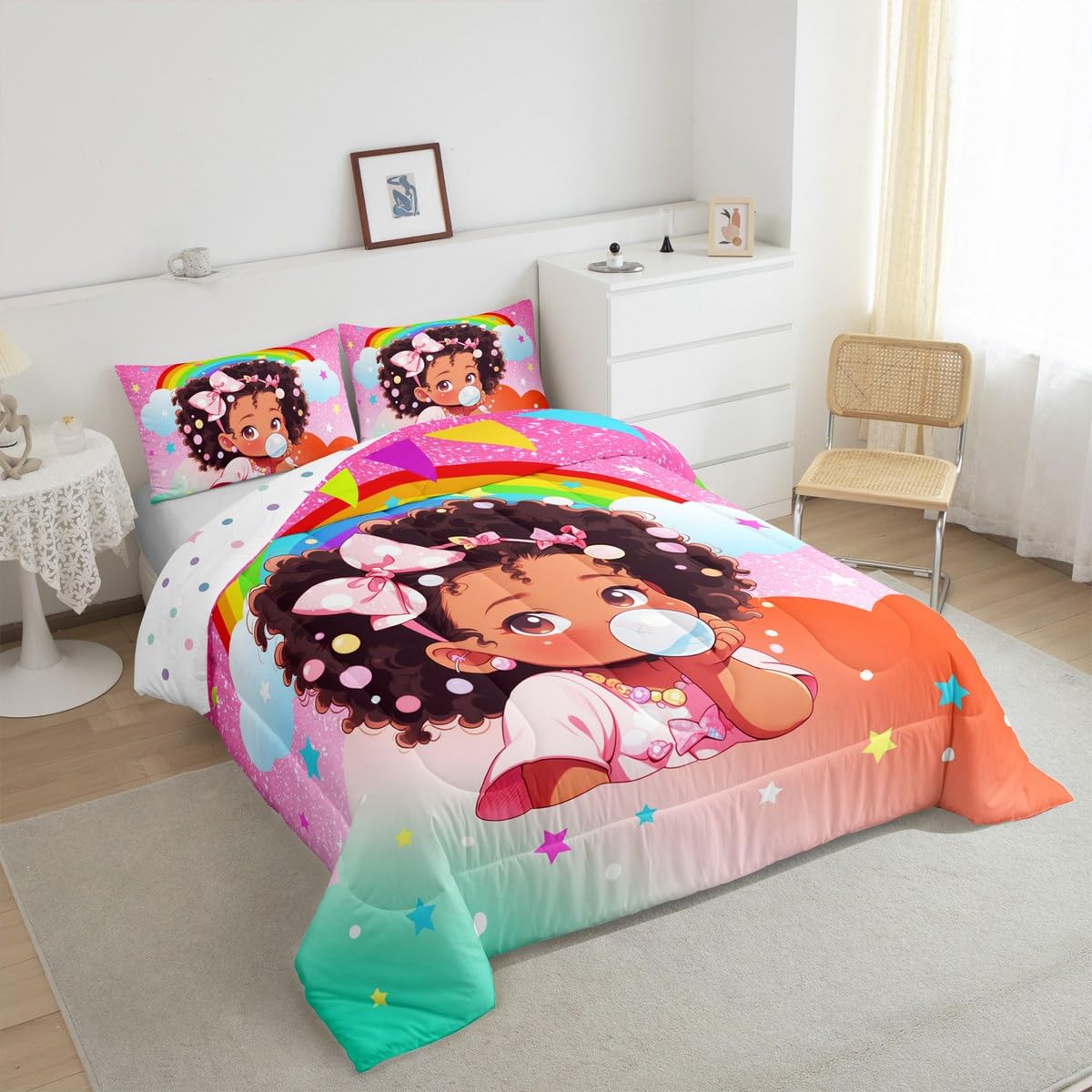 African Style American Comforter Set Twin Size Kids Girl,Pink Black Girls Bedding Comforter,Glitter Star Sky Rainbow Cloud Quilted Duvet Teens Women Room Decor,Lovely Sweet Bedspread,1 Pillowcase
