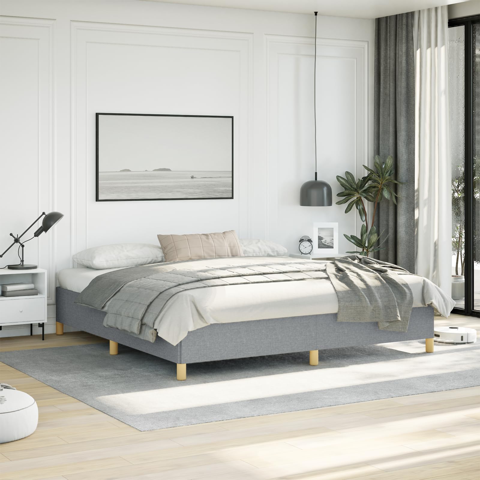 vidaXL King Size Bed Frame with Plywood Slats, Platform Bed Frame, Fabric Upholstered Mattress Foundation, No Box Spring Needed & Easy Assembly, Light Gray, Without Mattress