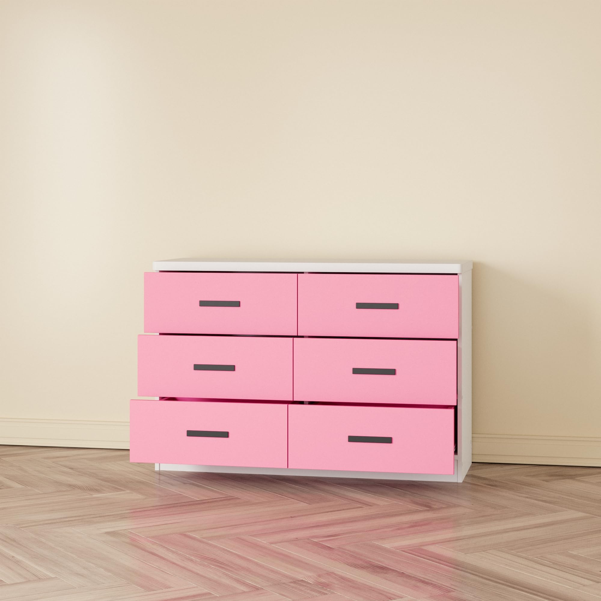Woodpeckers Furniture And Mattress Double Dresser 6 Drawer DD (White & Pink)