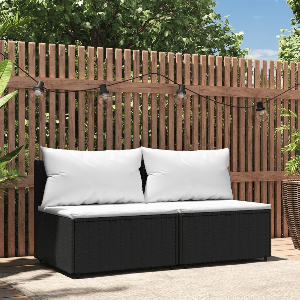 vidaXL Patio Middle Sofa - Black Poly Rattan with Cushions, Weather-Resistant, Powder-Coated Steel Frame, Modular Design, Padded Comfort, Outdoor-Only Use.