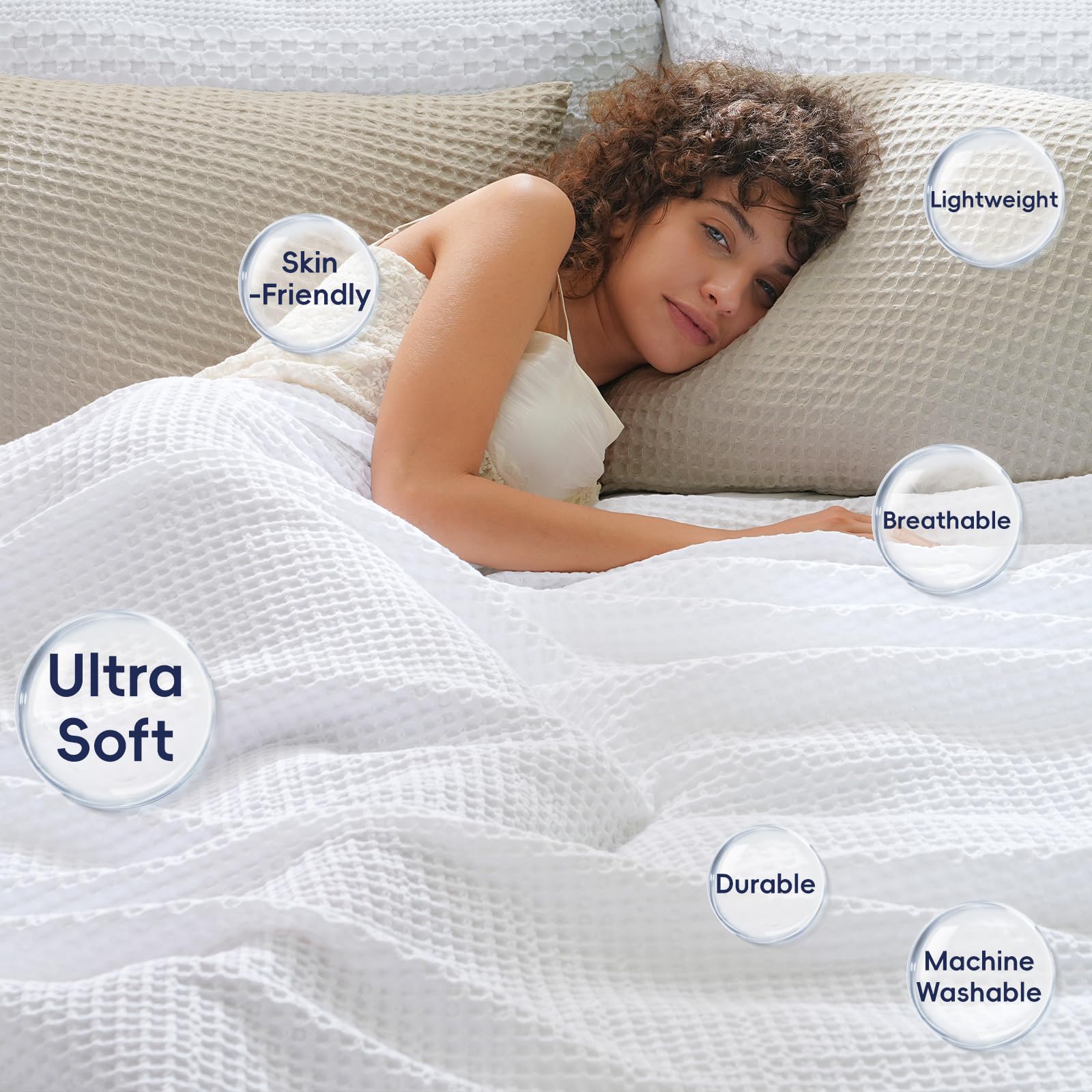 Phf Ultra Soft Waffle Weave Blanket King Size 104'X 90'- Washed Lightweight Breathable Cozy Woven Blanket For Bed - Aesthetic Decor For Couch Bedding Sofa Home Car - White