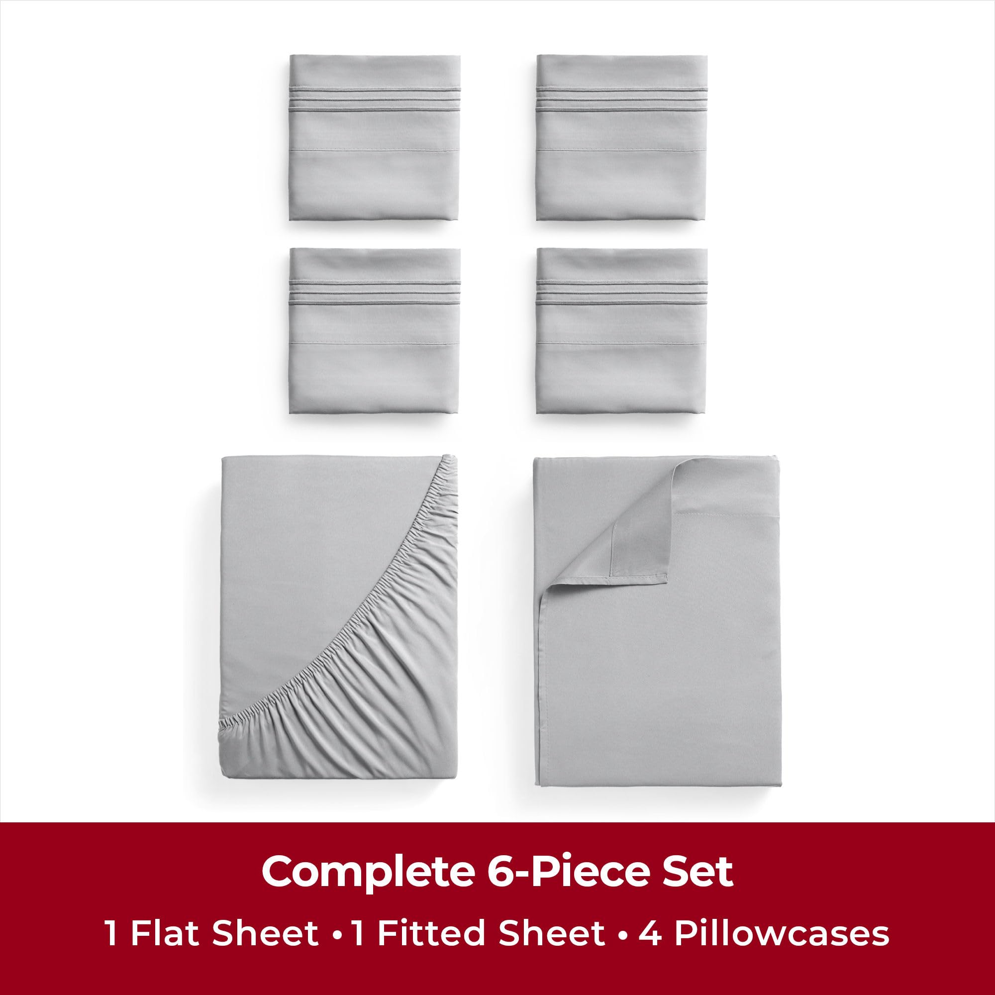 Mellanni Queen Sheet Set - 6-Piece Iconic Collection Bedding, (Including 4 Pillowcases), 16-Inch Deep Pocket, Easy Care, Extra Soft, Cooling Sheets, Brushed Microfiber - Light Gray