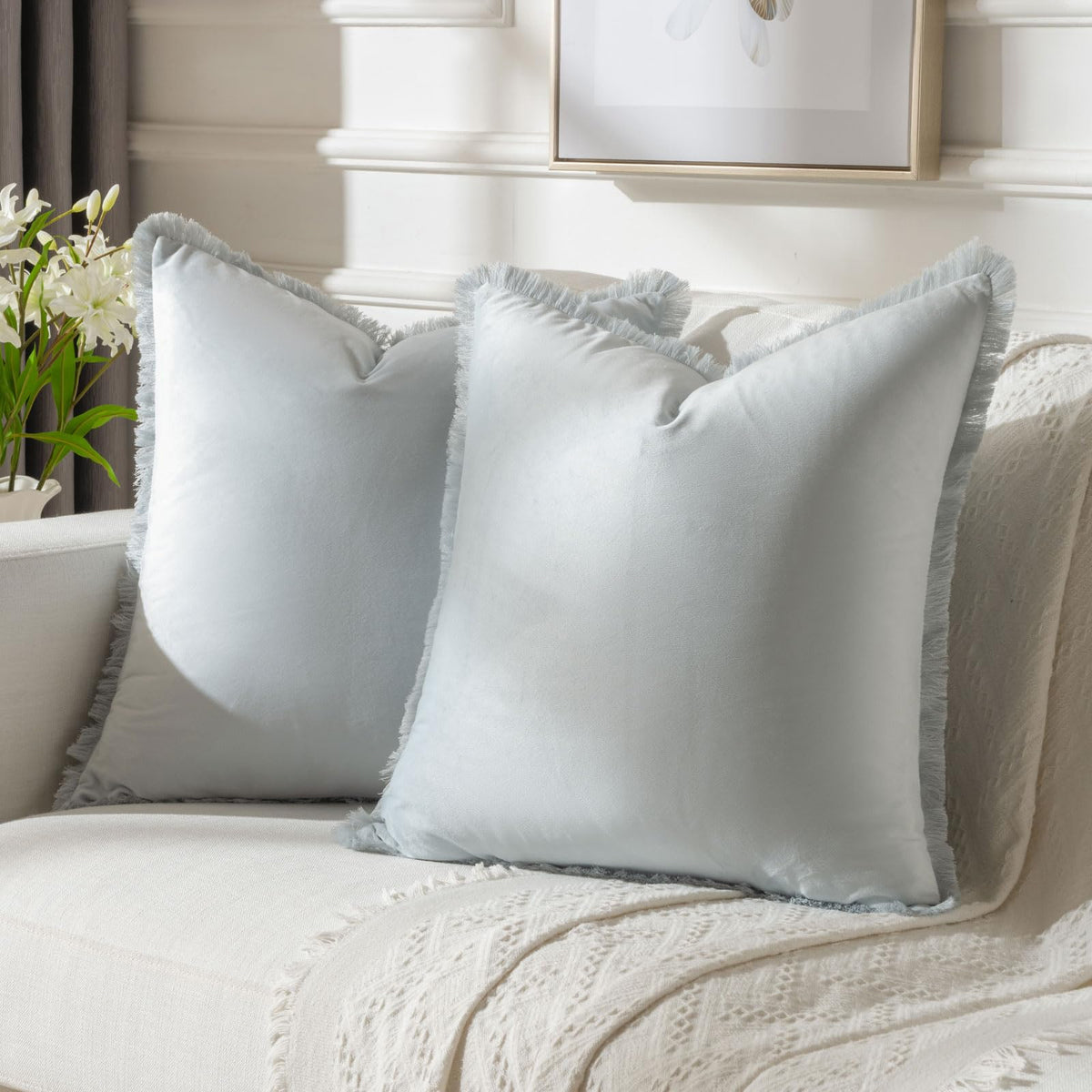 FUTEI Light Blue Boho Throw Pillow Covers with Tassels 24x24 Inch Set of 2,Soft Velvet Decorative Euro Pillow Shams,Home Decor f