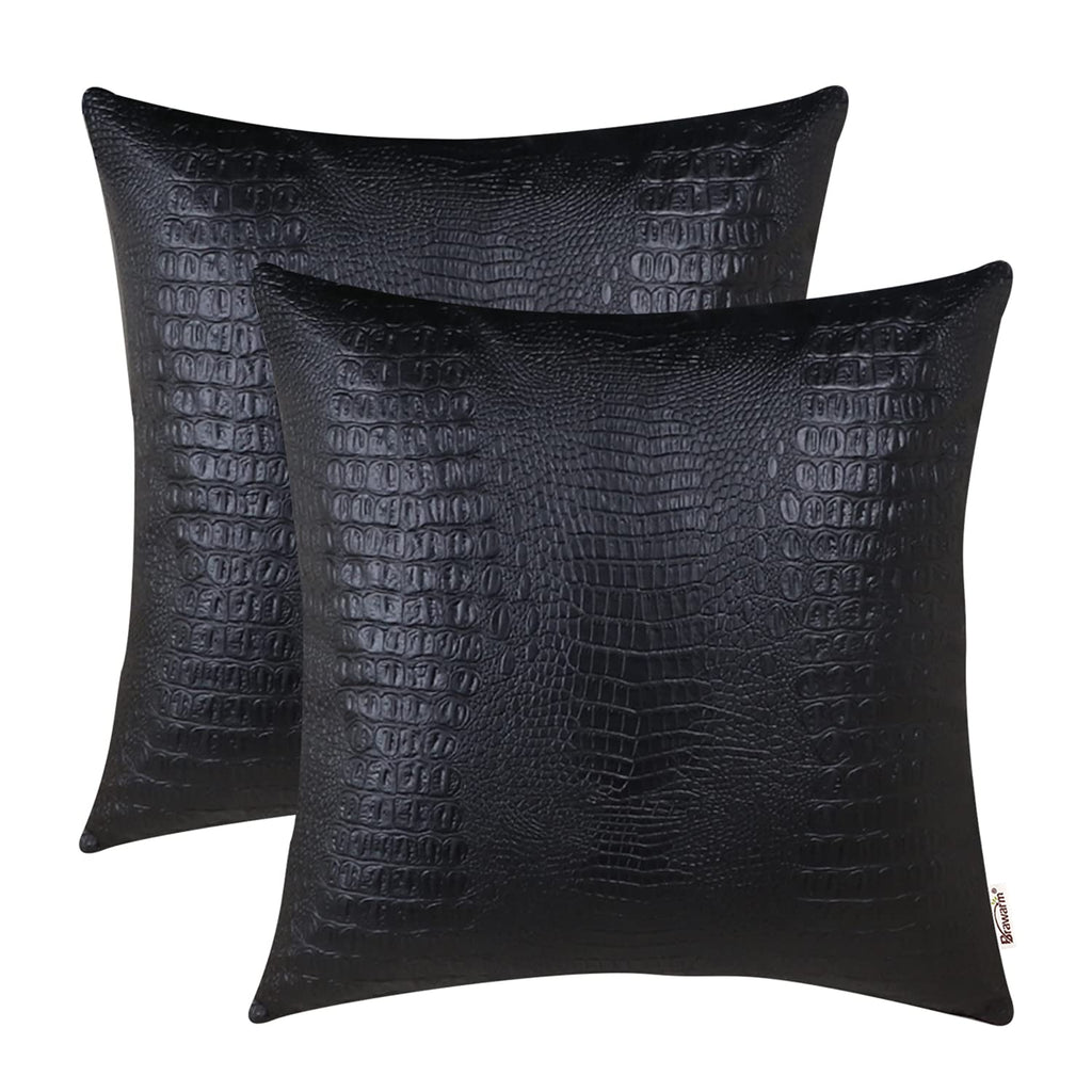 BRAWARM Faux Leather Pillow Covers 16 X 16 Inches, Black Leather Pillow Covers Pack of 2, Crocodile Leather Decorative Throw Pil