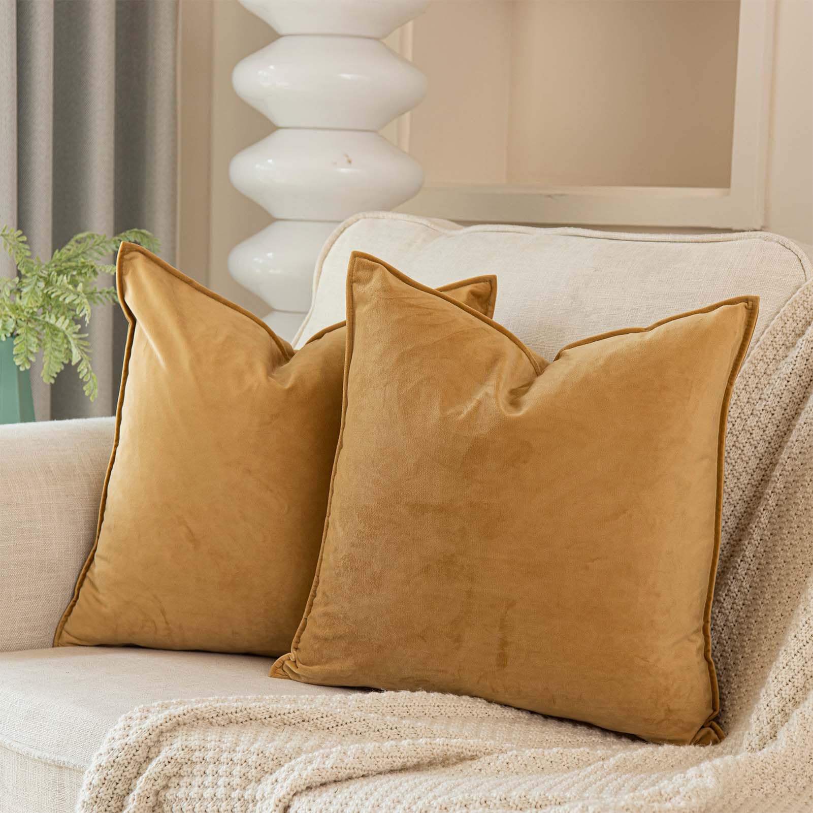 Juspurbet Khaki Decorative Velvet Throw Pillow Covers 22X22 Inch Set Of 2,Broadside Soft Cushion Case With Invisible Zipper For
