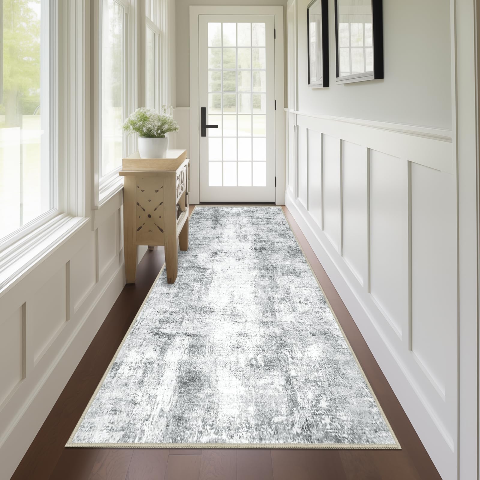 Capslpad 2x8 Modern Abstract Washable Runner Rug, Grey Non-Slip Runners for Hallways, Low Pile Kitchen Runner Rug, Ultra Soft Pr