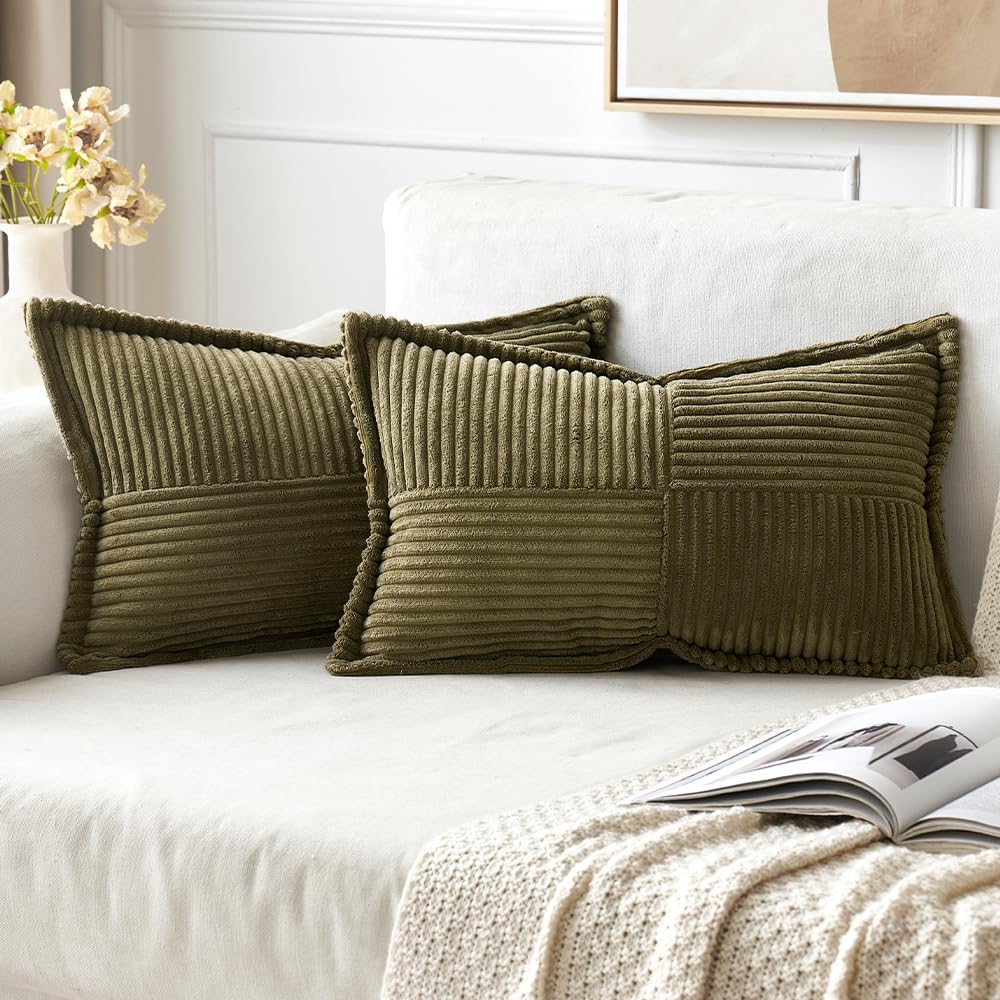 Miulee Olive Green Corduroy Pillow Covers 12 X 20 Inch With Splicing Set Of 2 Super Soft Boho Striped Pillow Covers Broadside De