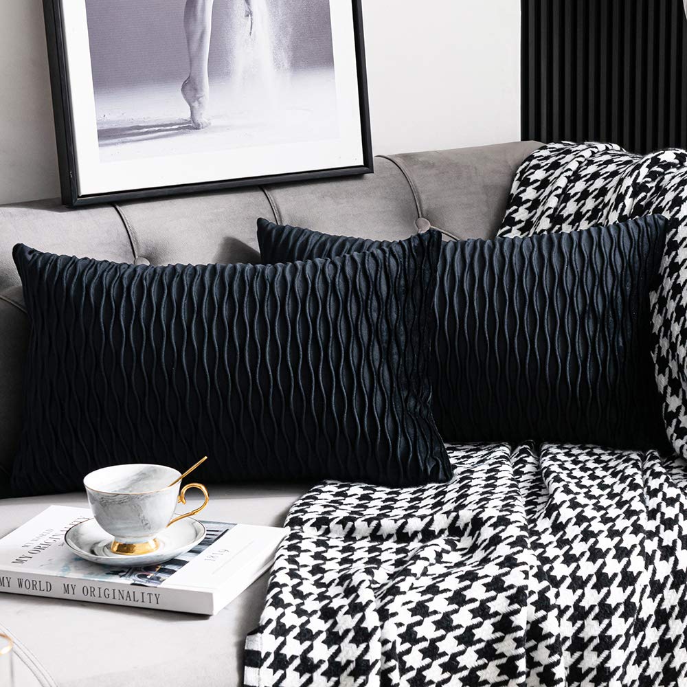 Dezene Black Striped Decorative Pillow Covers: 2 Pack 12X20 Inch Original Velvet Rectangular Throw Pillow Cases For Farmhouse Co