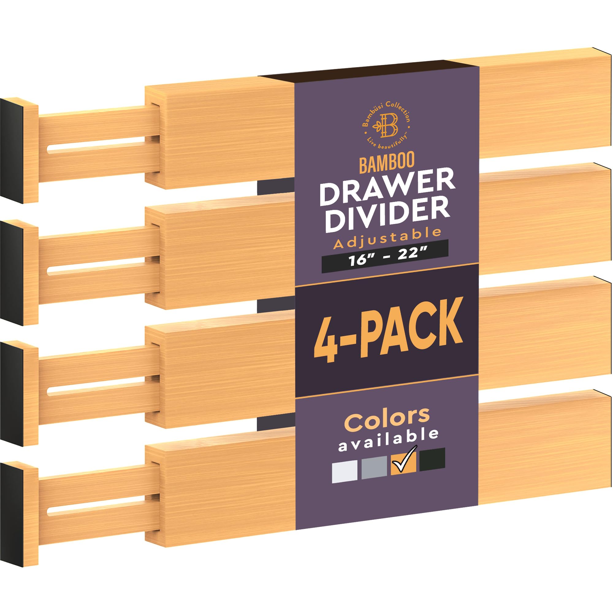 4 Pack Bamboo Drawer Dividers  Adjustable 16 To 22 Inch Expandable Drawer Organizer, Spring Loaded 2.6 Inch High Kitchen Drawer