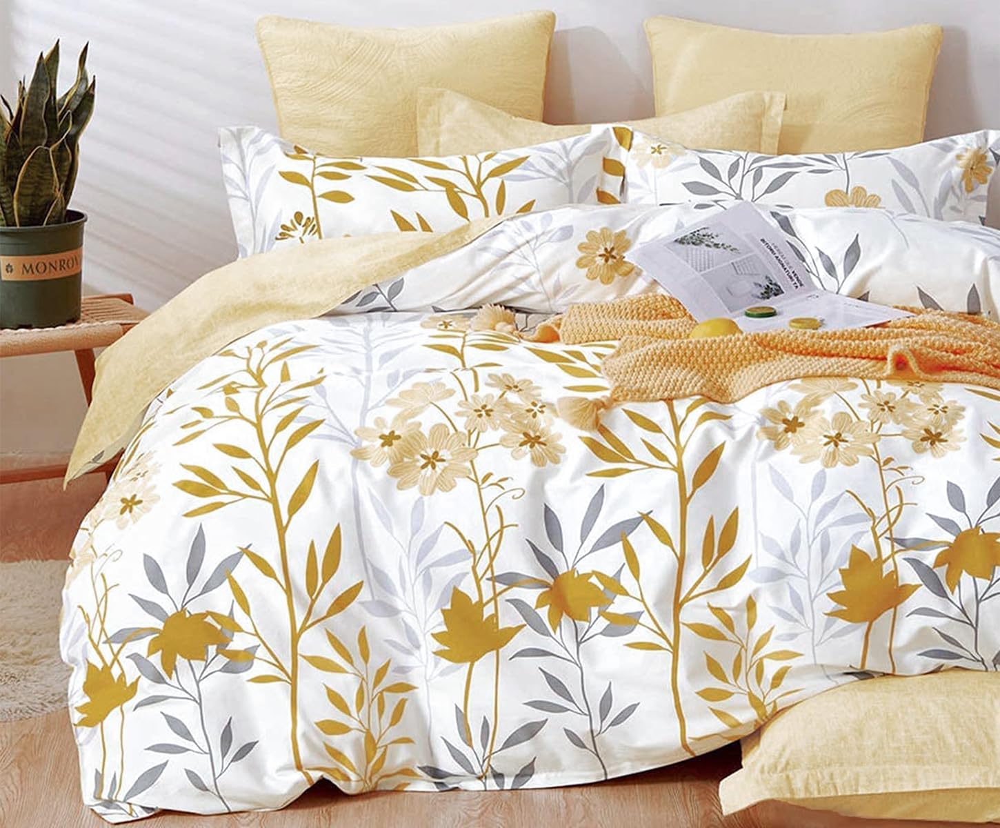 Sleepbella Comforter Twin Size, 600 Thread Count Cotton Grey Branch With Yellow Flower & Grey Leaves Pattern Orange Reversible C