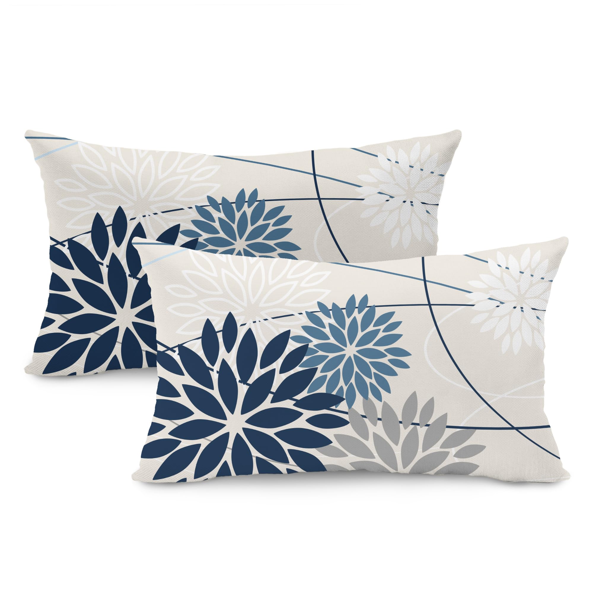 Blue And Gray Floral Pillow Covers 12X20 Set Of 2 Outdoor Waterproof White Colored Decorative Throw Pillows Summer Pillowcase Po