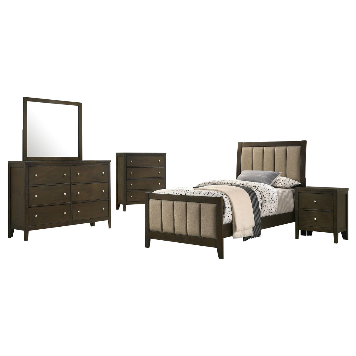 Coaster Home Furnishings Wilkes Transitional 5-Piece Bedroom Set Fabric Upholstered Twin Size Panel Bed Frame 51-inch Headboard Dark Cocoa 224421T-S5