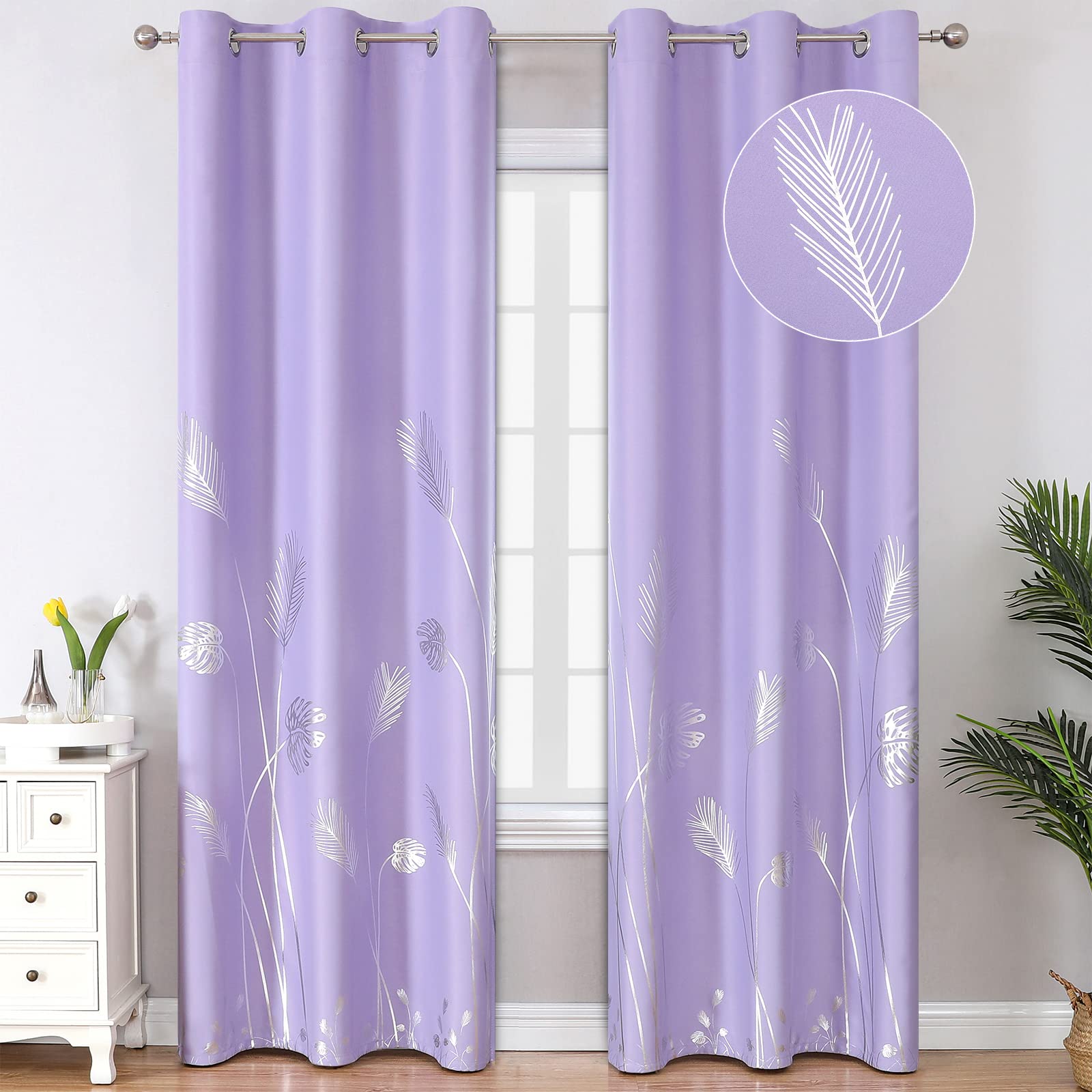 Estelar Textiler Lilac Blackout Curtains For Girls Bedroom, Room Darkening Curtains With Silver Palm Tree Pattern, Light Blockin