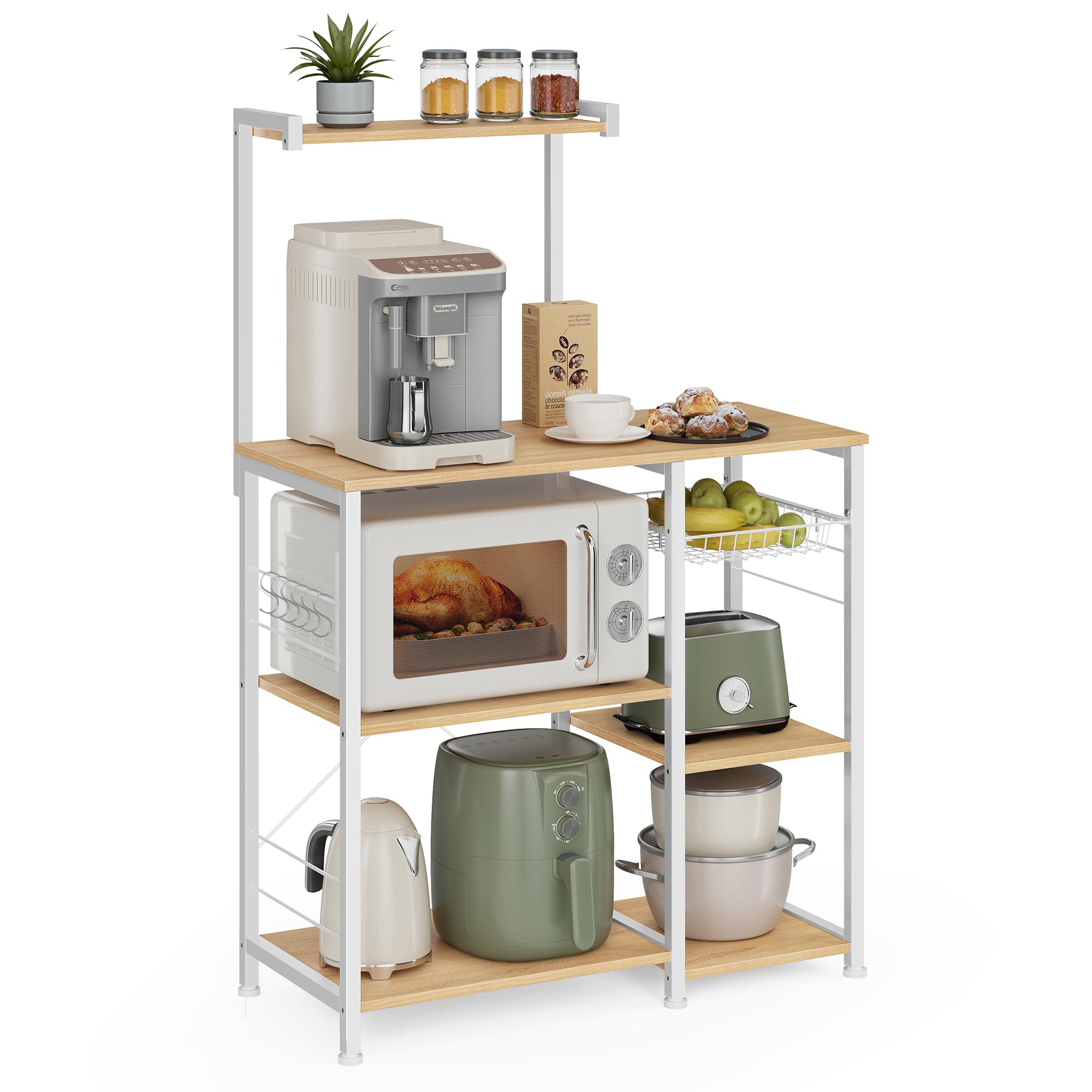 VASAGLE Bakers Rack, Microwave Stand, Kitchen Storage Rack with Wire Basket, 6 Hooks, and Shelves, for Spices, Pots, and Pans, 