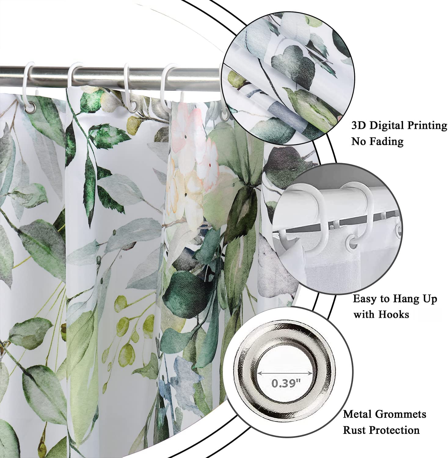 Gcirec Eucalyptus Shower Curtain, Watercolor Green Leaves On The Top Plant With Floral Bathroom Curtain Bathtub Home Decor Water