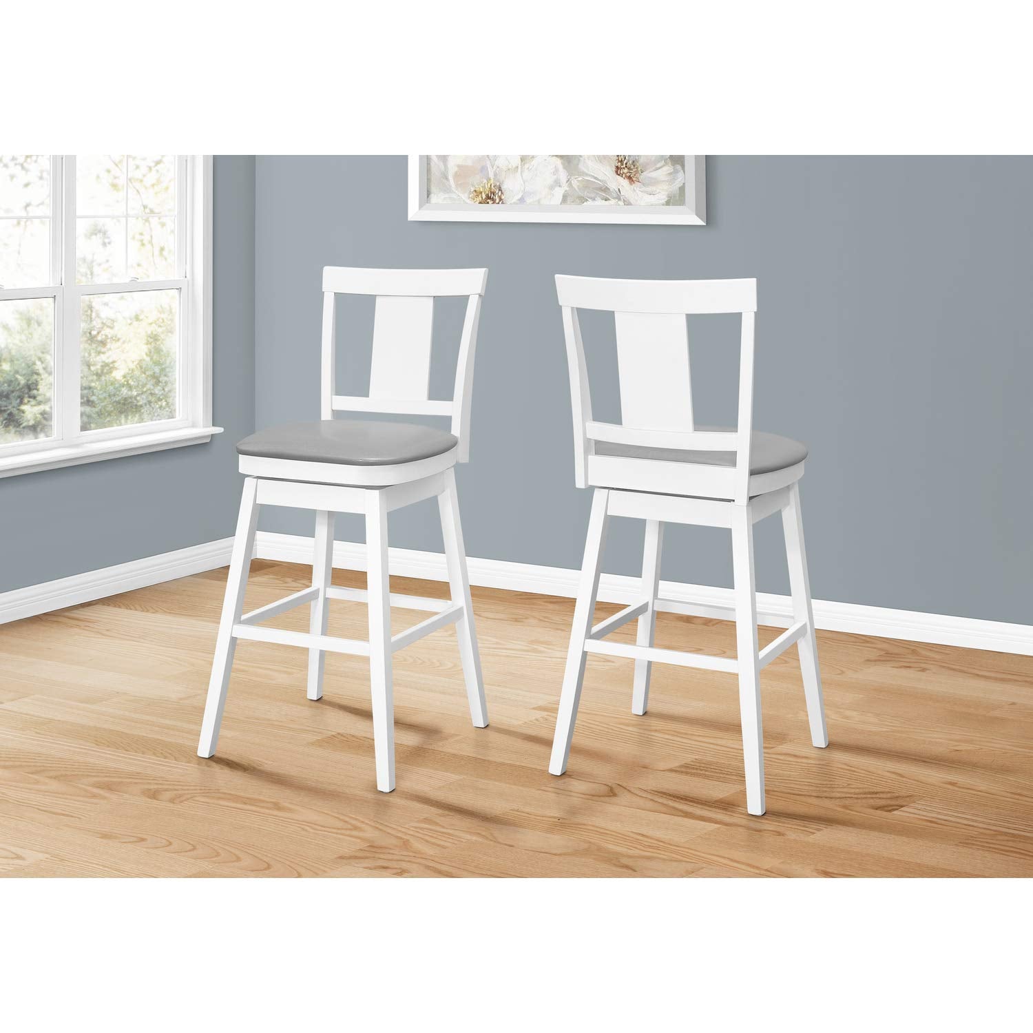 Monarch Specialties I 1232 Bar Stool, Set of 2, Swivel, Bar Height, Wood, Pu Leather Look, White, Grey, Transitional