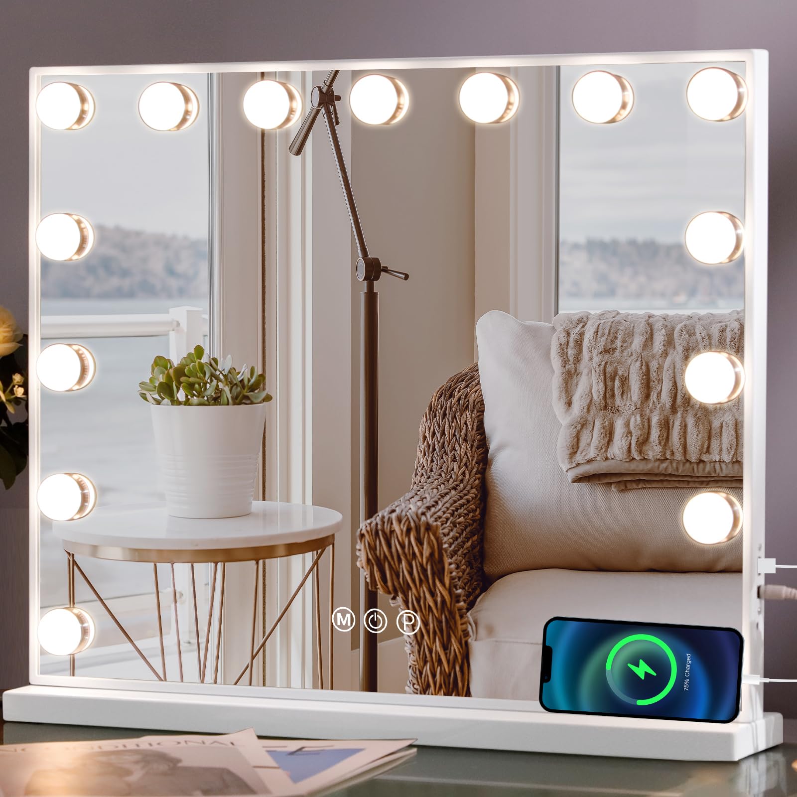 MISAVANITY Vanity Mirror with Lights White Hollywood Vanity Makeup Mirror with 15 LED Bulbs, Tempered Galss, USB Charge Port and