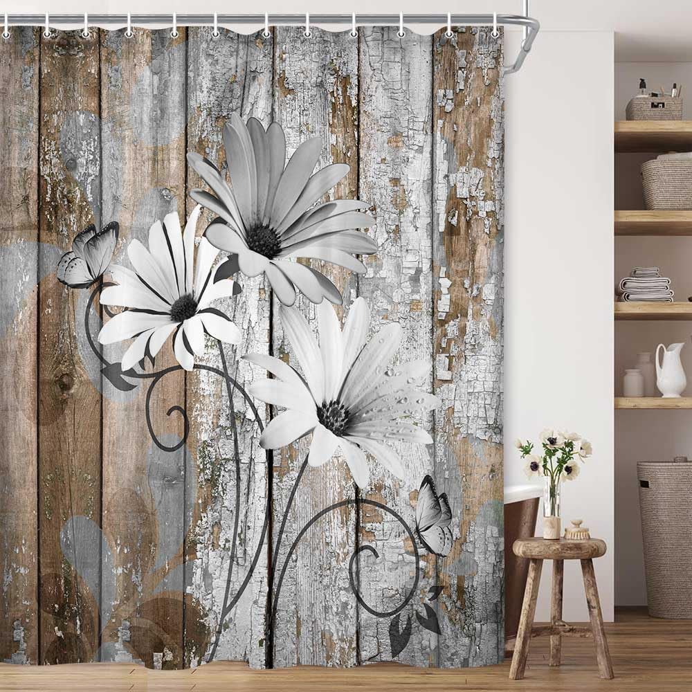 Jawo Farmhouse Flower Floral Shower Curtain, Rustic Grey Daisy Shower Curtain Set, Country Grey Wild Garden Plant Fabric Shower