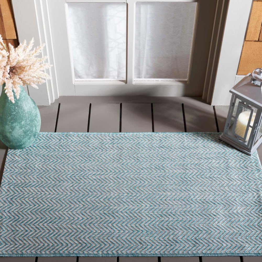 Safavieh Courtyard Collection Accent Rug - 2'3' X 5', Aqua & Grey, Non-Shedding & Easy Care, Indoor/Outdoor & Washable-Ideal For Patio, Backyard, Mudroom (Cy8022-37121)