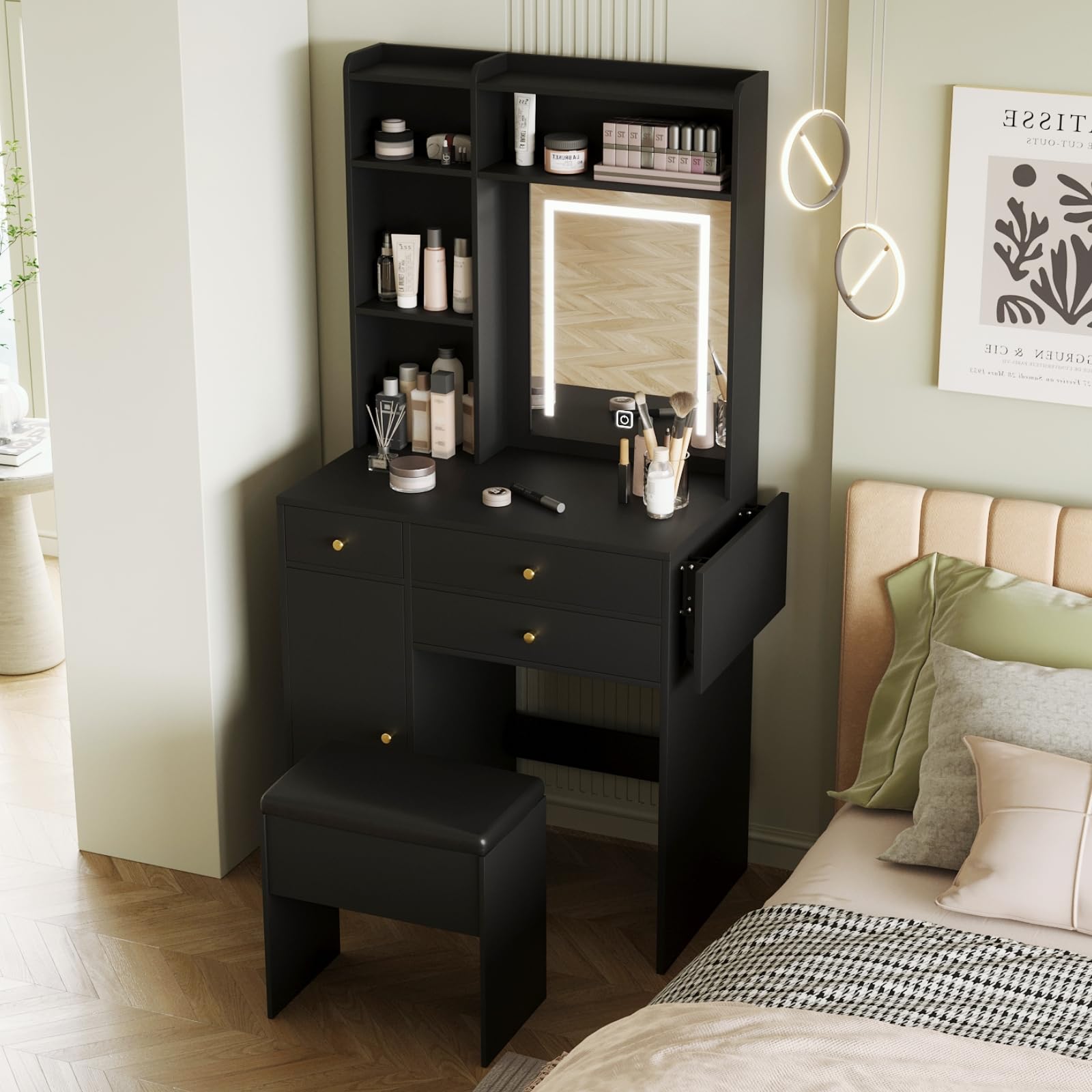 ARTETHYS Vanity Desk with Mirror and Lights Black Makeup Vanities Set with Storage Chair Dressing Table with Drawer and Fold-up 