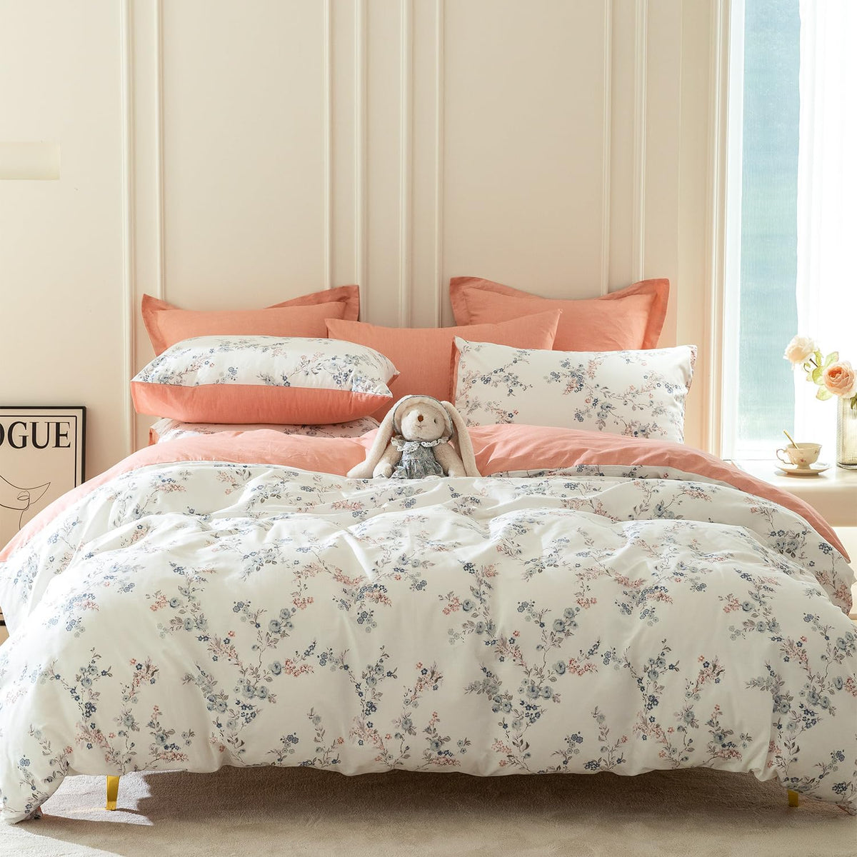 White Orange Reversible King Duvet Cover Floral, 100% Cotton Chic Shabby Gray Blue Floral Bedding Set King 3 Pieces Branches Kin