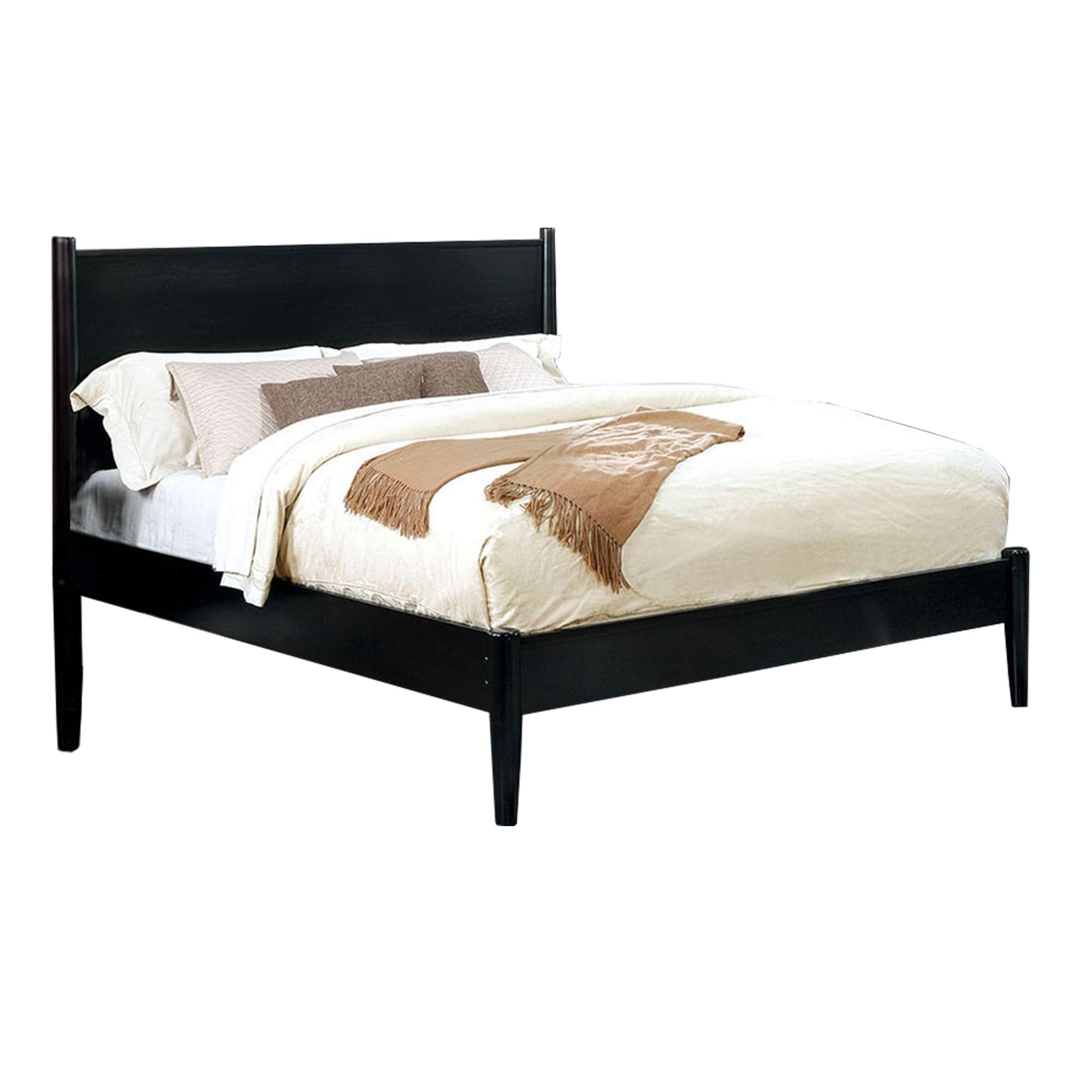 Benjara Mid Century Modern Wood Queen Bed With Round Tapered Legs, Black