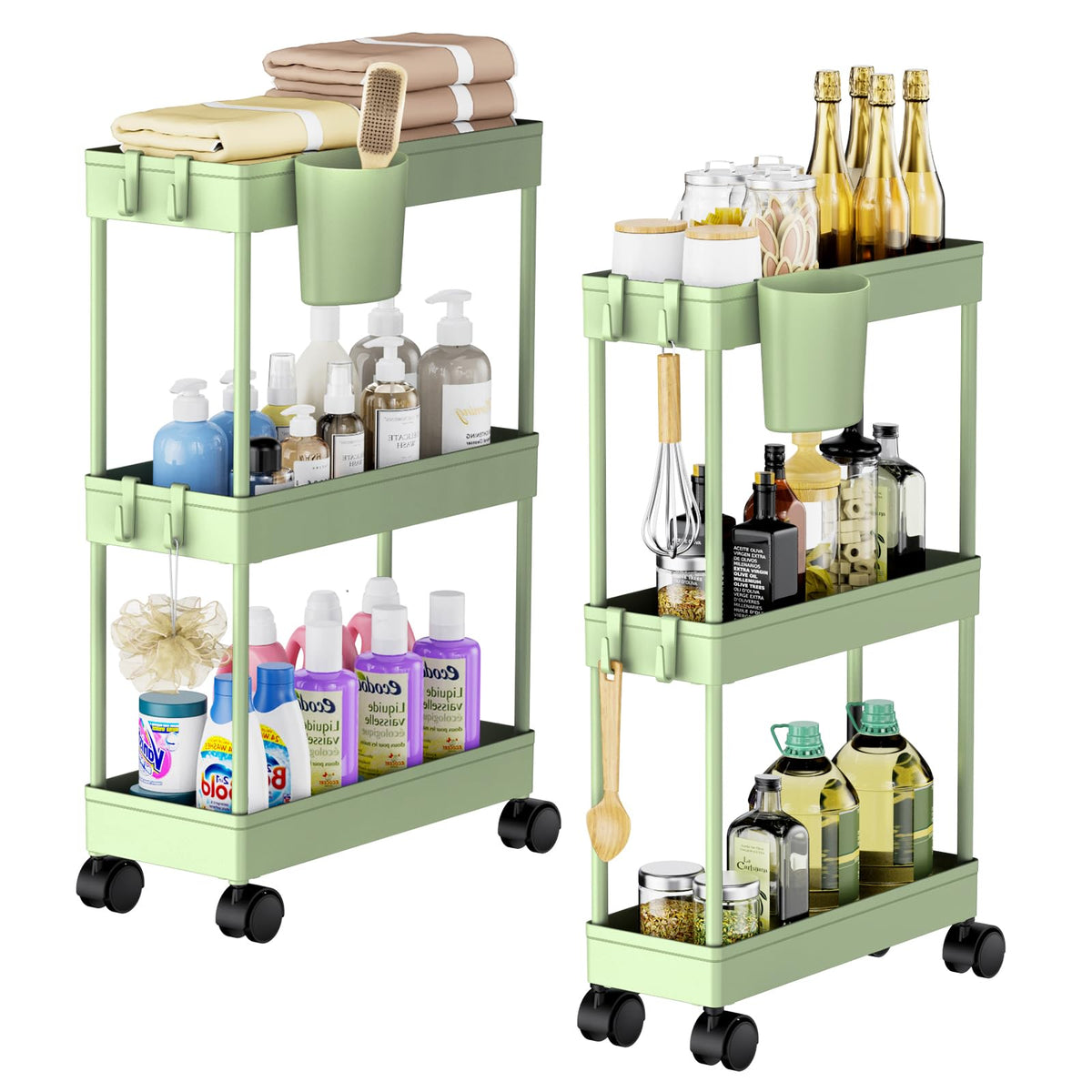Slim Storage Cart, 2 Pack Narrow Bathroom Cart With Wheels For Small Space Storage Small Rolling Cart With Plastic Basket&Metal
