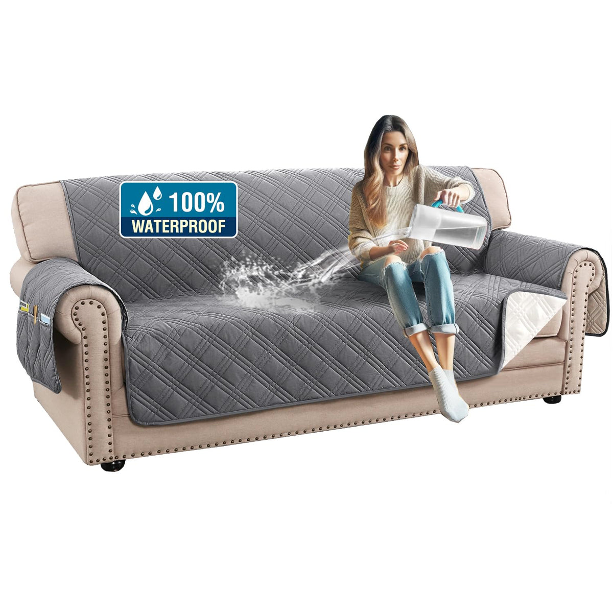 H.Versailtex 100% Waterproof Couch Covers For 3 Cushion Couch Sofa Modern Sofa Slipcovers With Elastic Straps Thick Soft Furniture Protector Pet Friendly(Sofa, Grey/Beige)