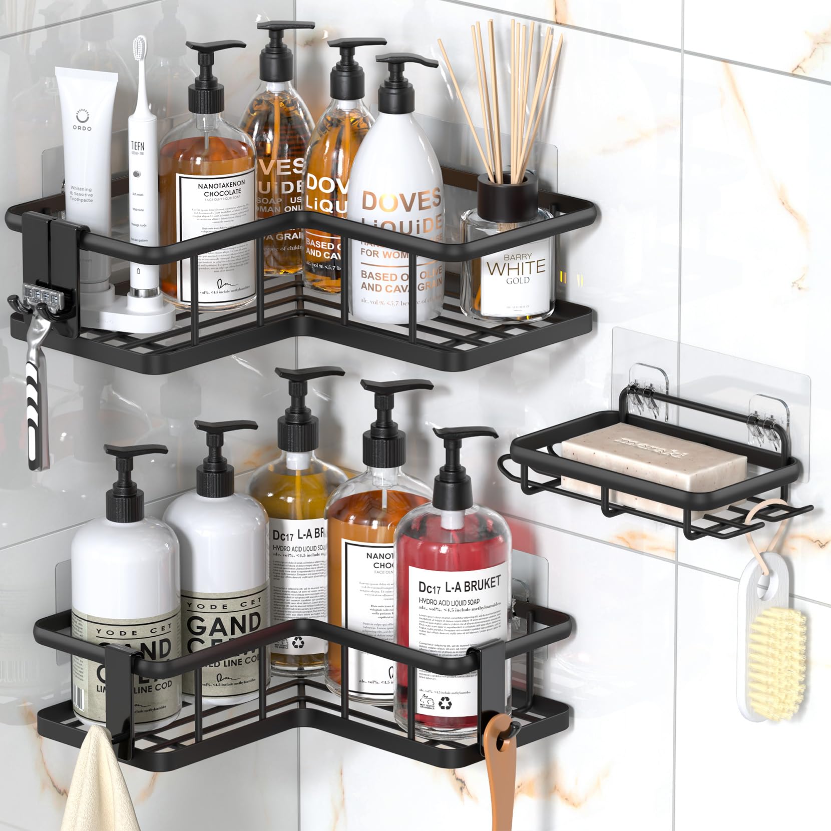 YASONIC 2024 New Corner Shower Caddy, 3-Pack Shower Organizer Corner with Soap Holder and 4 Removable Hooks, Rustproof Corner Sh