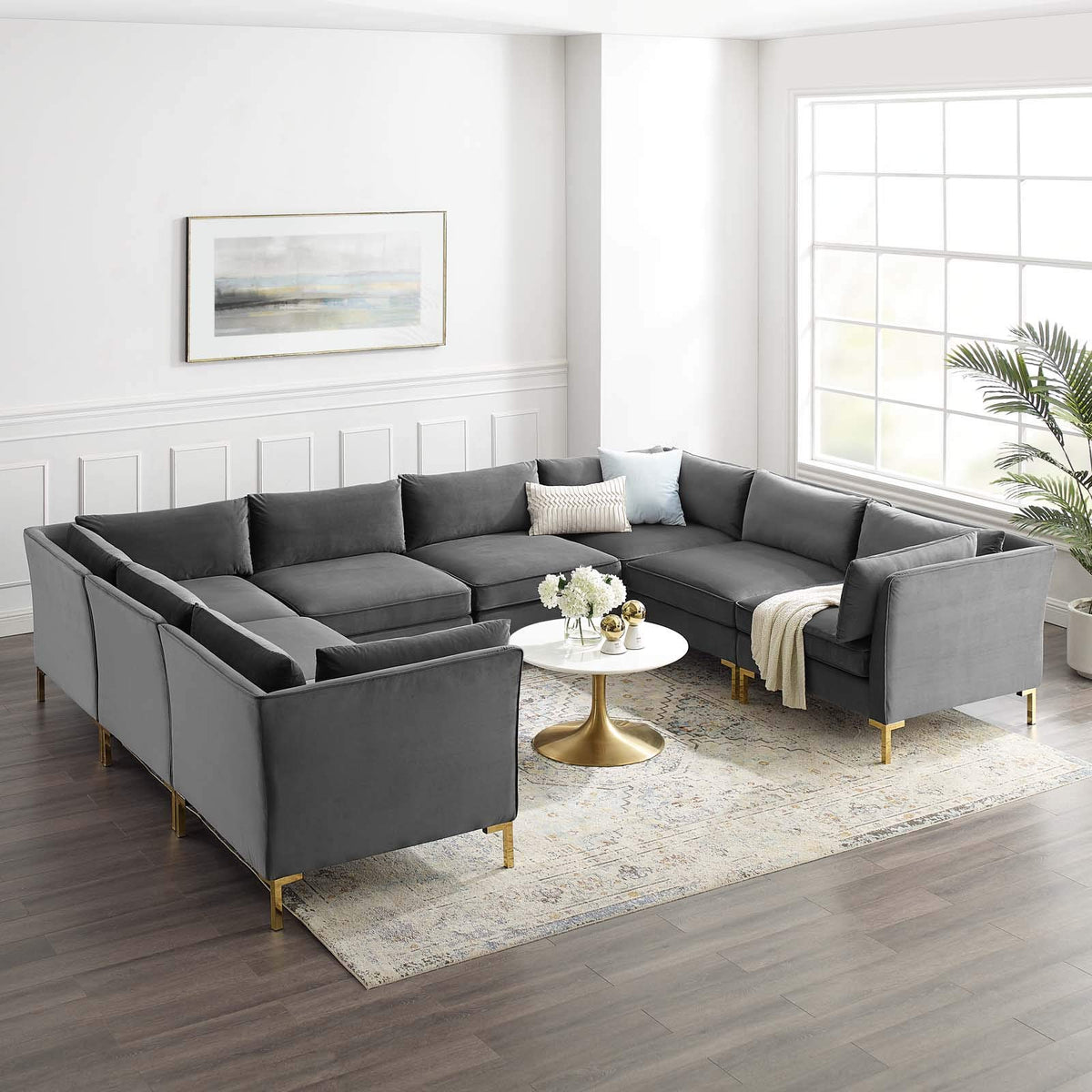 Modway Ardent Performance Velvet Sectional Sofa, 8 Piece U-Shape, Gray