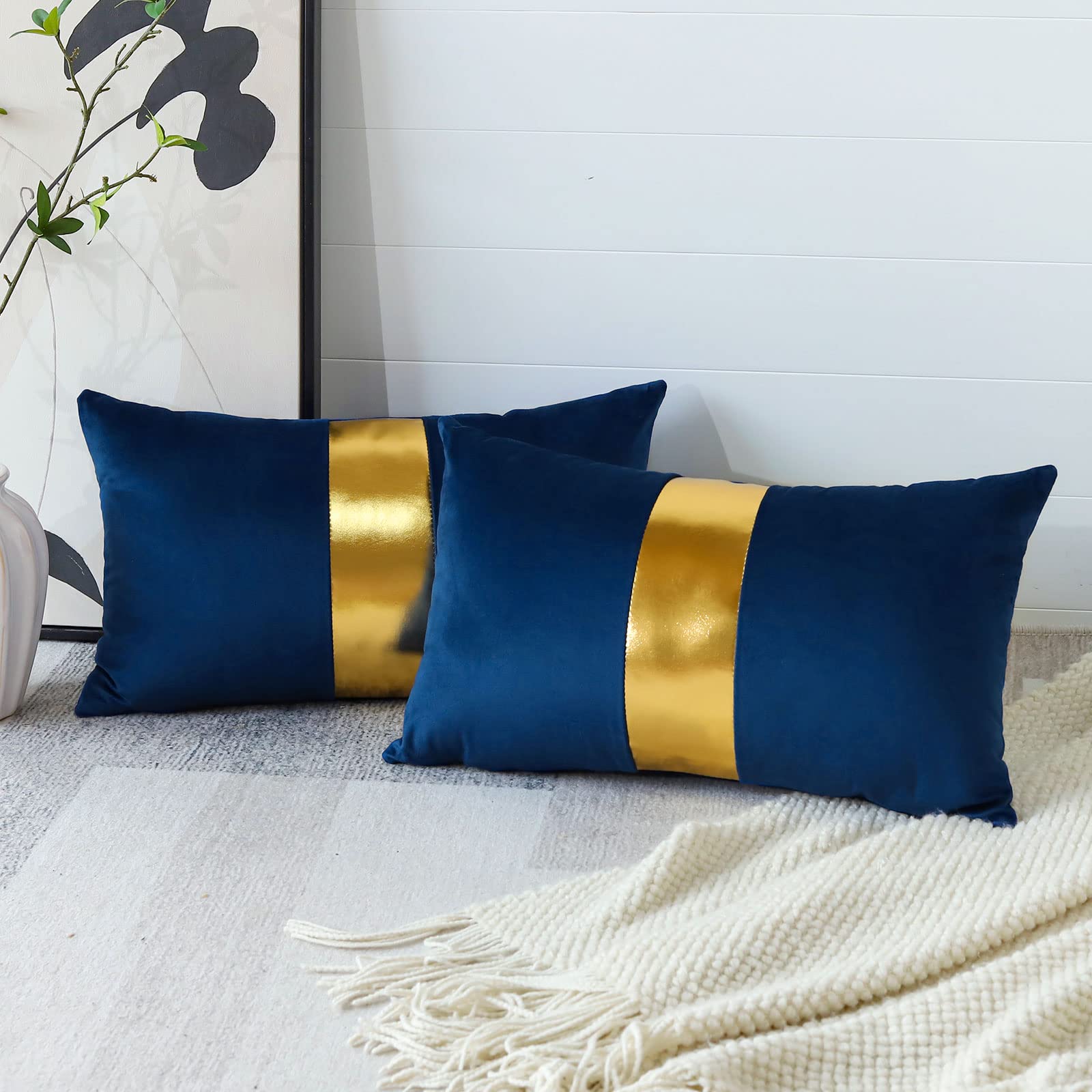 Artscope Navy Blue Velvet Throw Pillow Covers With Gold Leather Stitching Luxury Modern Minimalist Rectangular Pillowcase Cushion Covers For Bed Couch Sofa 16X24Inch Set Of 2