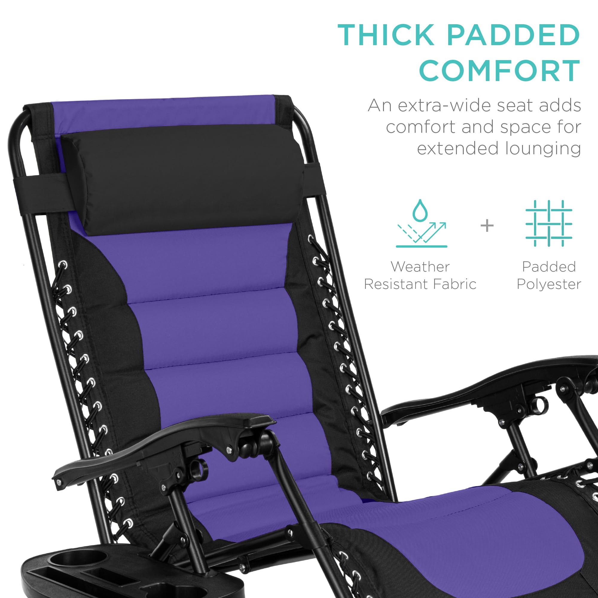 Best Choice Products Oversized Padded Zero Gravity Chair, Folding Outdoor Patio Recliner, Xl Anti Gravity Lounger For Backyard W/Headrest, Cup Holder, Side Tray, Polyester Mesh - Black/Purple