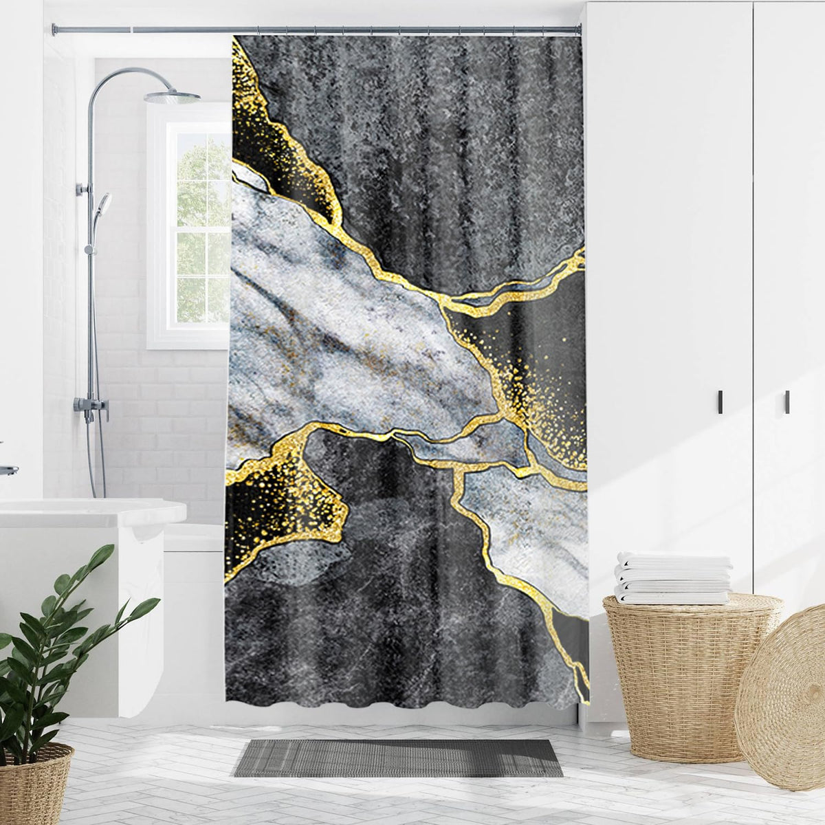 Domoku Grey Gold Marble Shower Curtain,Grey Golden Cracked Lines Abstract Modern Shower Curtain For Bathroom Decor,Waterproof Te
