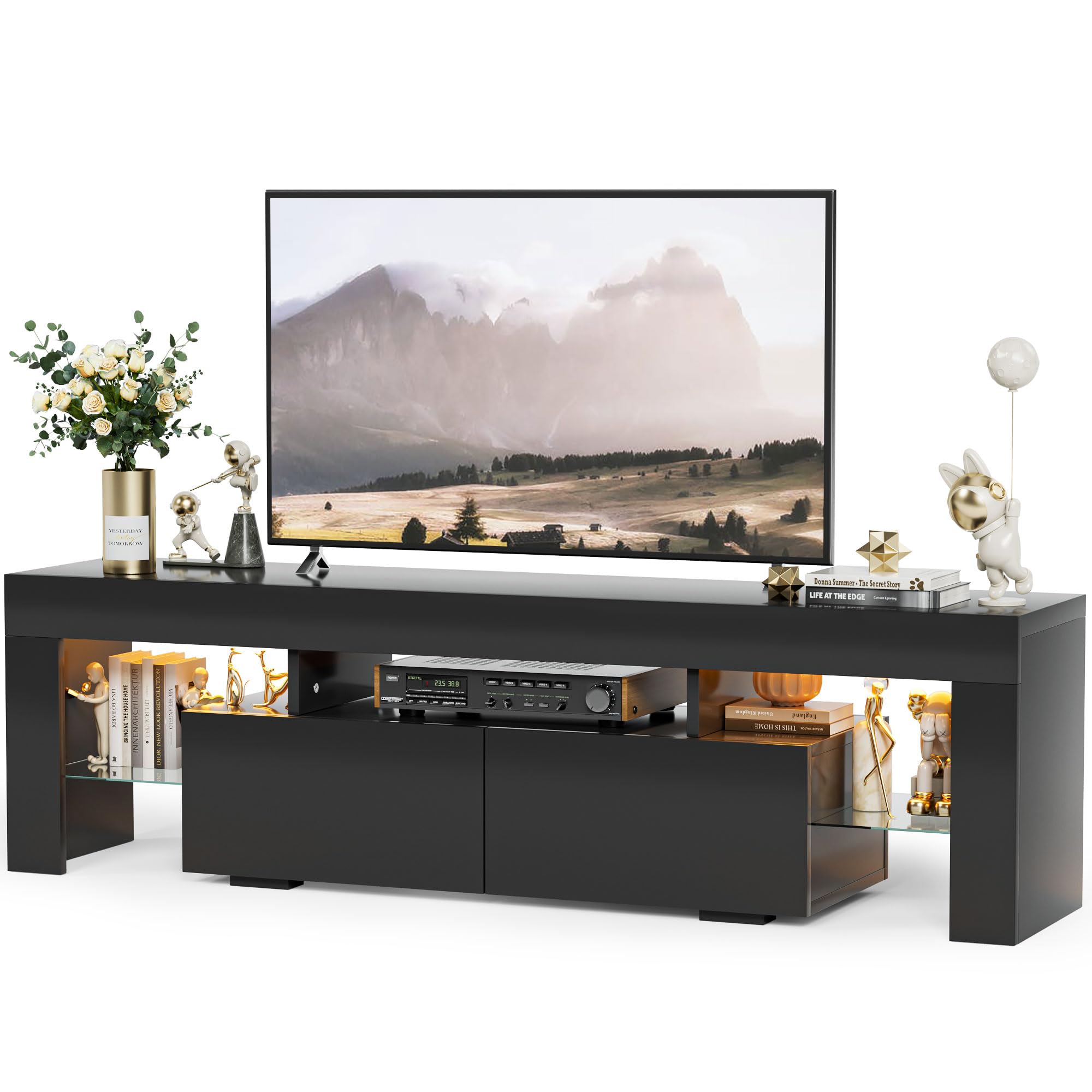 Yeshomy Modern Led Tv Stand For Televisions Up To 70 Inch With Glass Shelves And Drawer, Gaming Entertainment Center With Multiple Dynamic Rgb Modes, For Livingroom, Bedroom, 60 Inch, Black