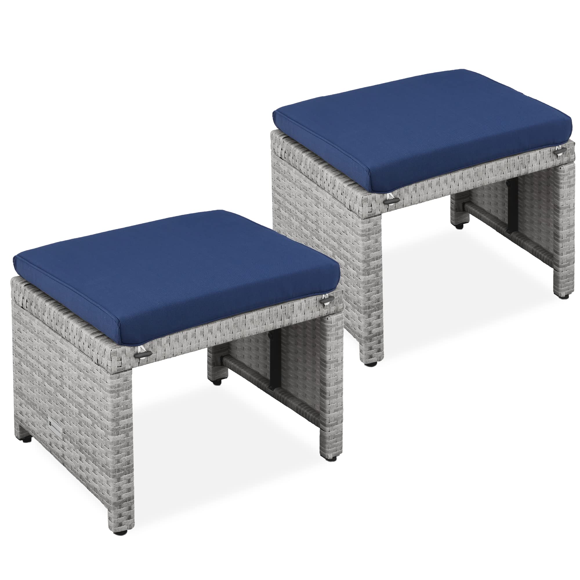 Best Choice Products Set Of 2 Wicker Ottomans, Multipurpose Outdoor Furniture For Patio, Backyard, Additional Seating, Footrest, Side Table W/Removable Cushions, Steel Frame - Gray/Navy