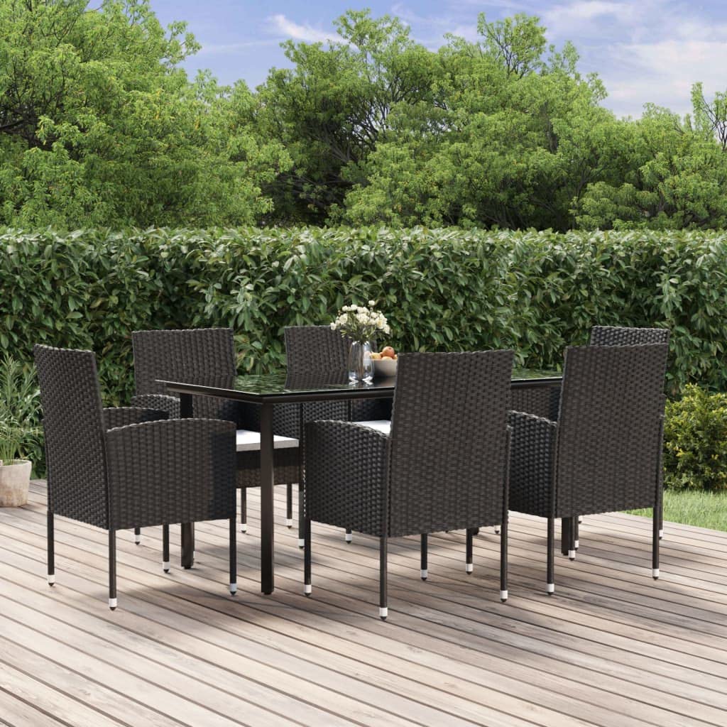 vidaXL 7-Piece Patio Dining Set - Black Outdoor Table and Chairs with Armrests, Cushions and Tempered Glass Tabletop - Poly Rattan Construction