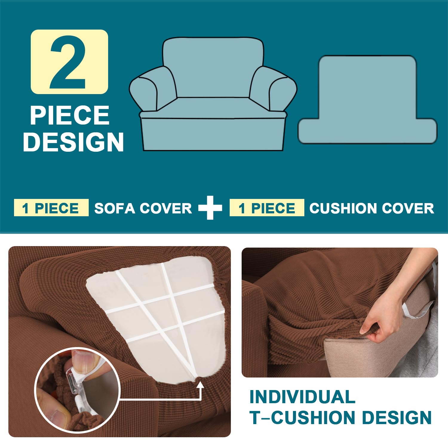 Turquoize T Cushion Chair Slipcover T Cushion Chair Covers For Living Room Stretch Sofa Couch Cover Soft Armchair Cover Washable Furniture Covers With Individual T Cushion Seat Covers (Chair,Caramel)