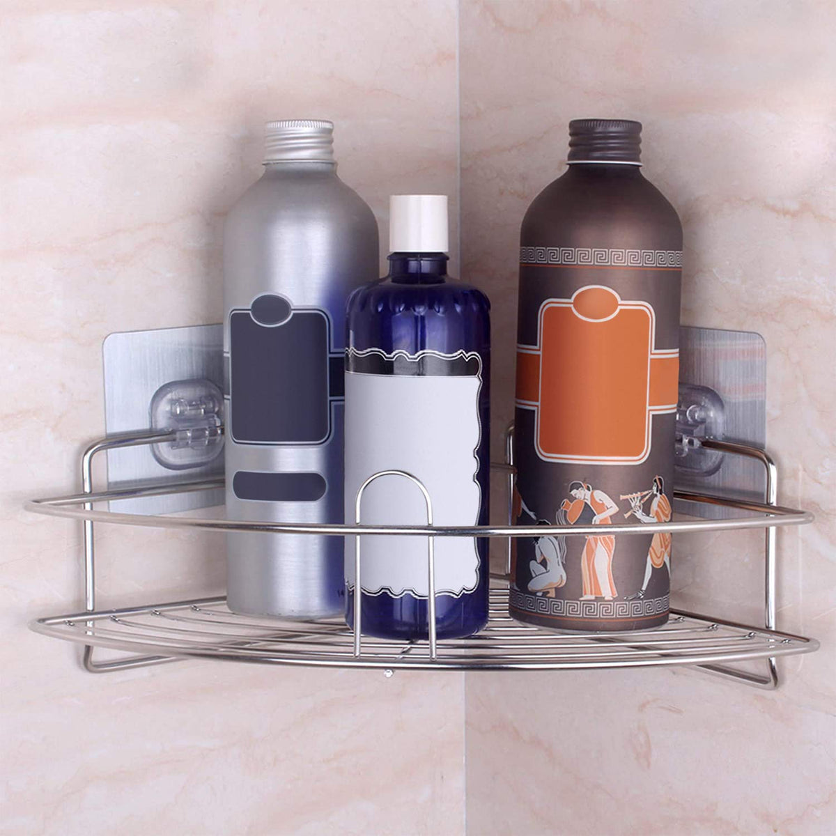 HOKIPO Model  AR3161 Magic Sticker Series No Drill Stainless Steel Chrome Wall Mounted Bathroom or Kitchen Corner Shelf