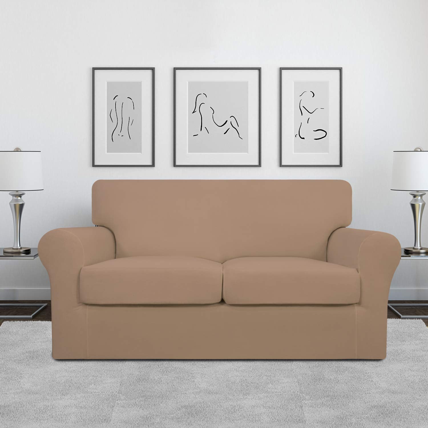 Easy-Going 3 Pieces Stretch Soft Couch Cover For Dogs - Washable Sofa Slipcover For 2 Separate Cushion Couch - Elastic Furniture Protector For Pets, Kids (Loveseat, Camel, Medium)