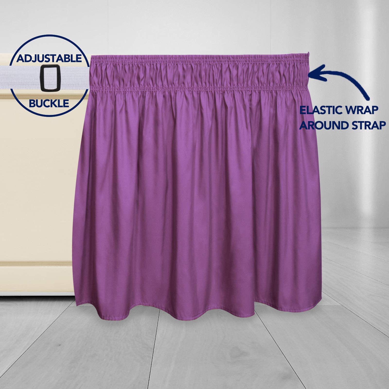 Purefit Wrap Around Ruffled Bed Skirt With Adjustable Elastic Belt - 14 Inch Drop Easy To Put On, Wrinkle Free Bedskirt Dust Ruffles, Bed Frame Cover For Twin,Twin Xl And Full Size Beds, Purple