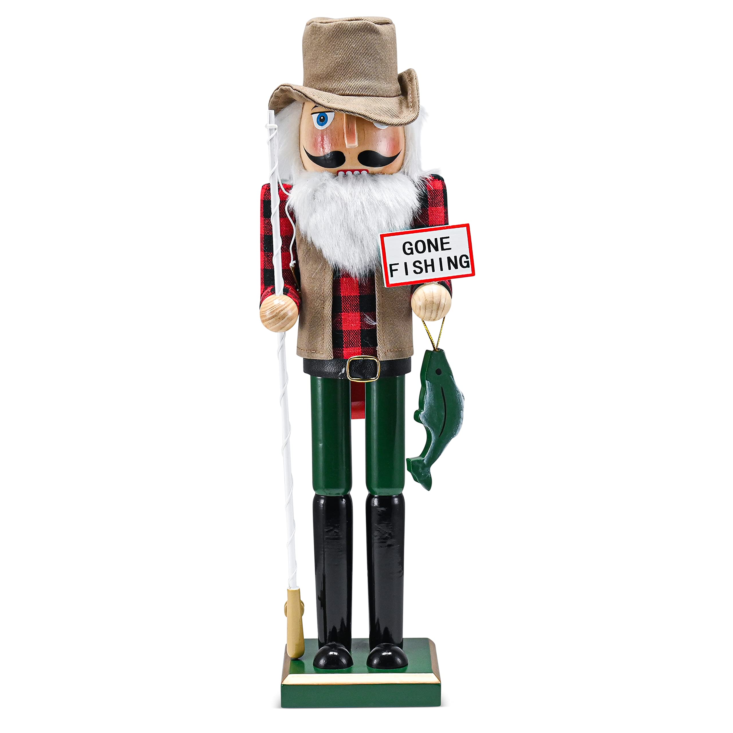 Ornativity Christmas Fisher Man Nutcracker - Red and Green Wooden Fisherman Nutcracker Man with Fishing Rod and Fish in Hand Xma