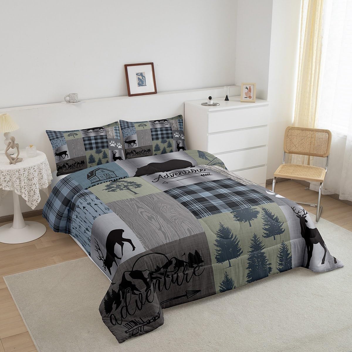 Hunting Deer Bear Comforter Sets Queen Size,Rustic Farmhouse Bedding 3Pcs Kids Teens Men Cabin Home Decor Decor,Grey Plaid Patchwork Print Quilt Set Wild Animals Plants Duvet Insert,2 Pillowcases