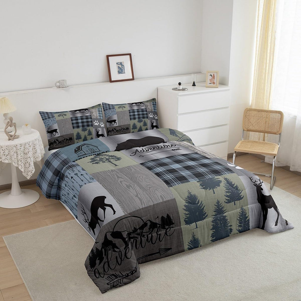 Hunting Deer Bear Comforter Sets Queen Size,Rustic Farmhouse Bedding 3Pcs Kids Teens Men Cabin Home Decor Decor,Grey Plaid Patchwork Print Quilt Set Wild Animals Plants Duvet Insert,2 Pillowcases